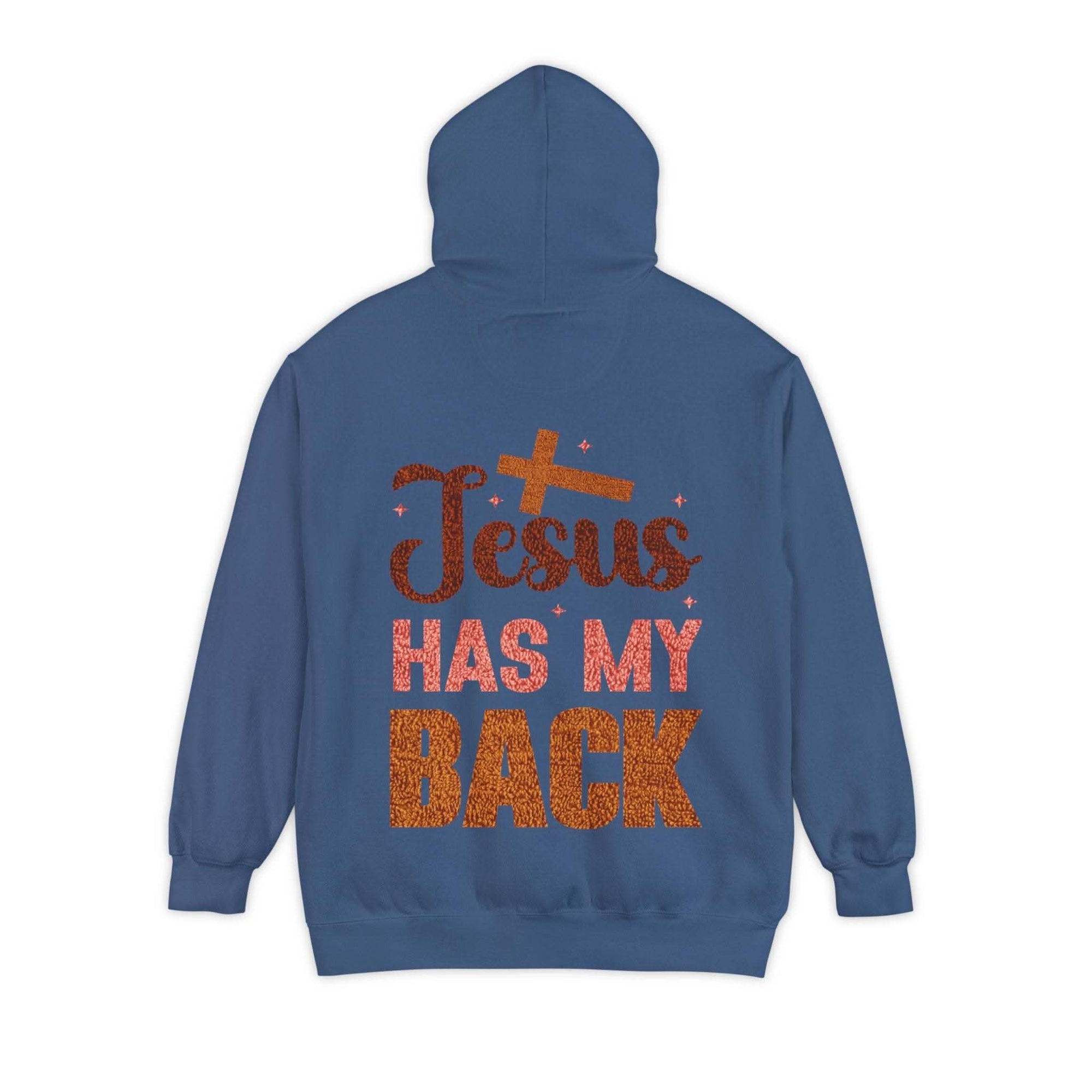 Jesus Has My Back Hoodie with uplifting faith design and comfortable fit