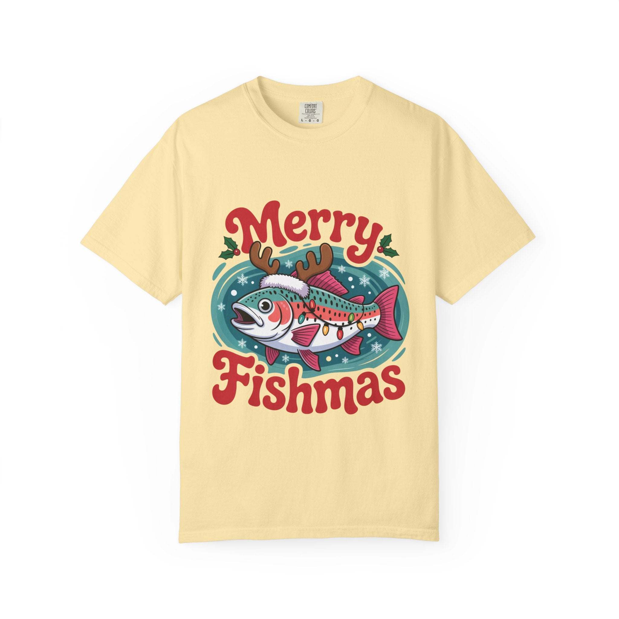 Garment-dyed True Navy t-shirt with Merry Fishmas design for fishing enthusiasts by Printify