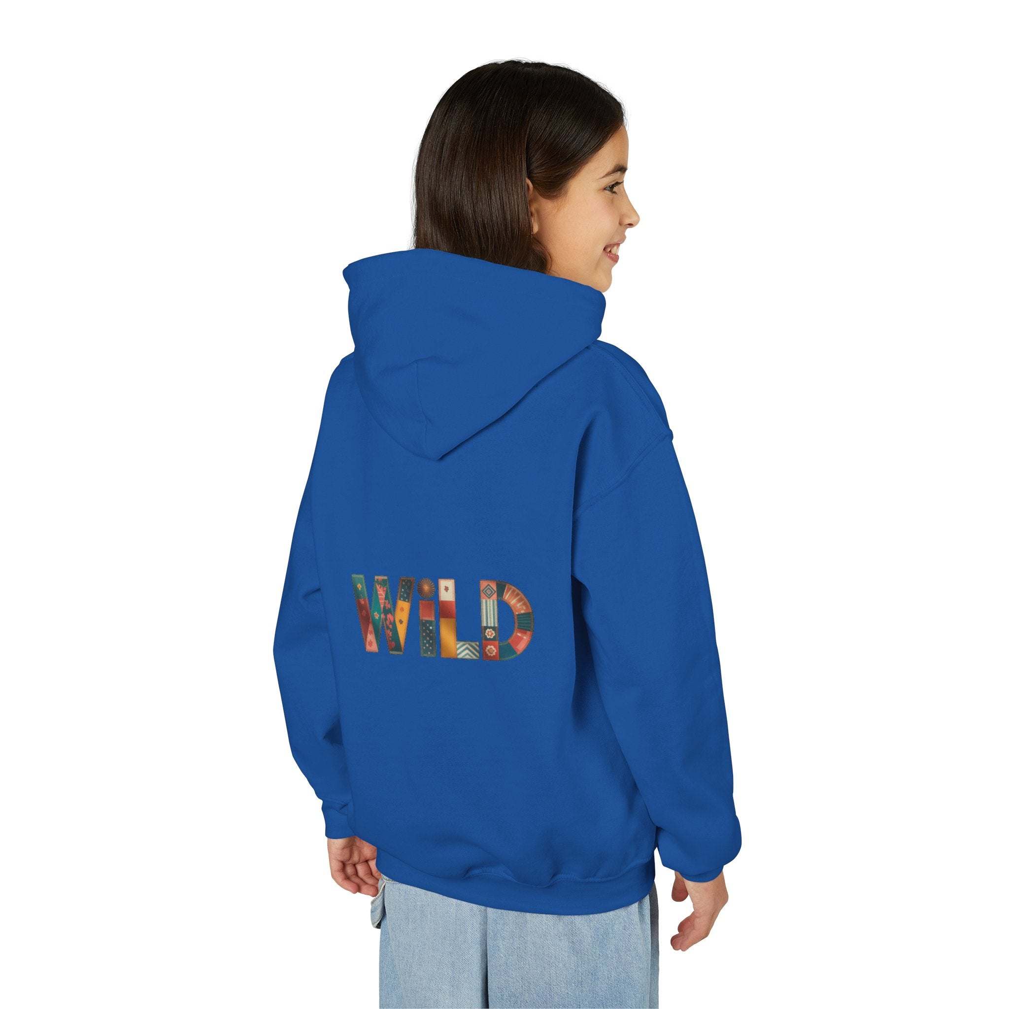 Child wearing blue Patchwork Wild Word Hoodie with colorful "WILD" text on back and kangaroo pocket