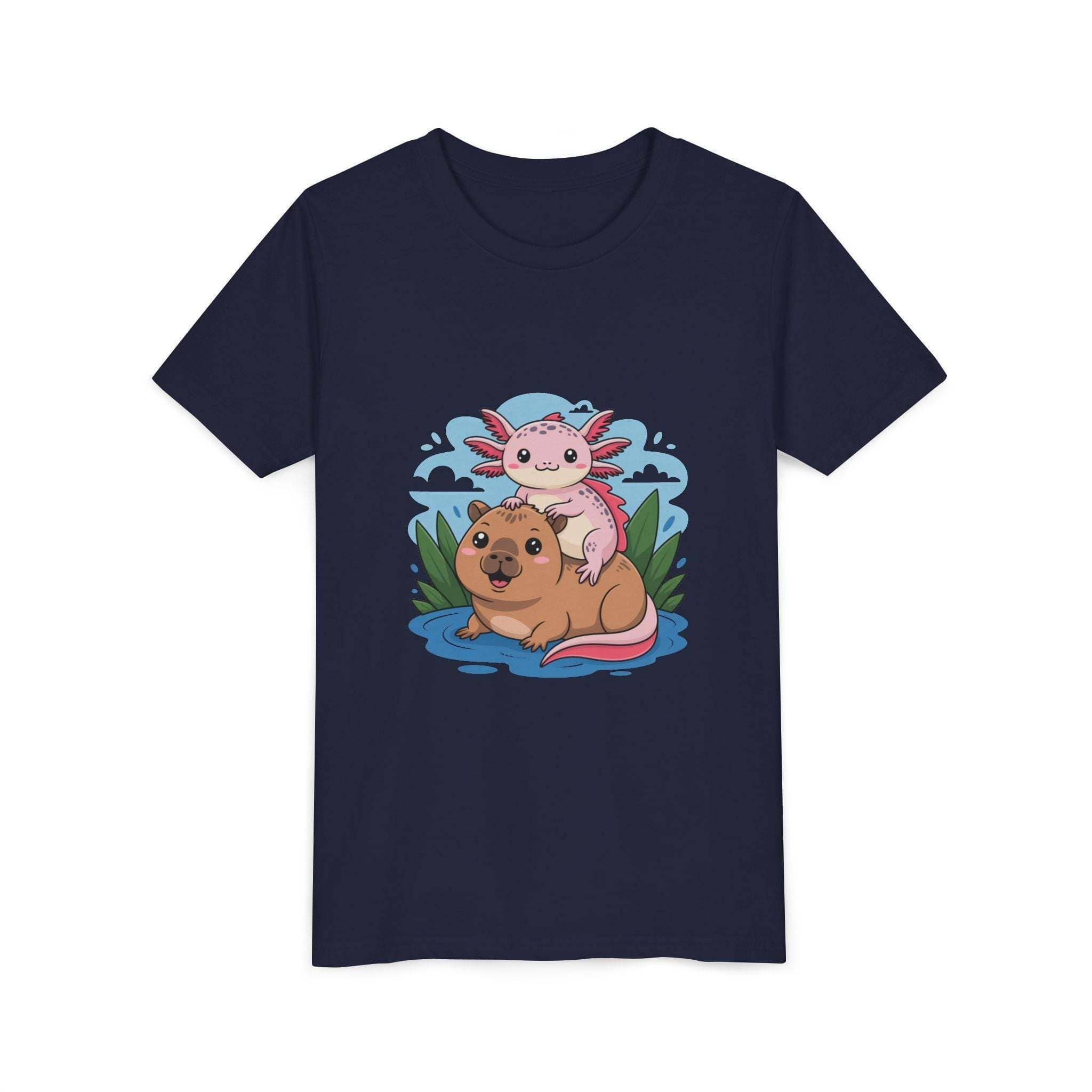 Breathable navy cotton youth tee featuring axolotl on a capybara design by Printify