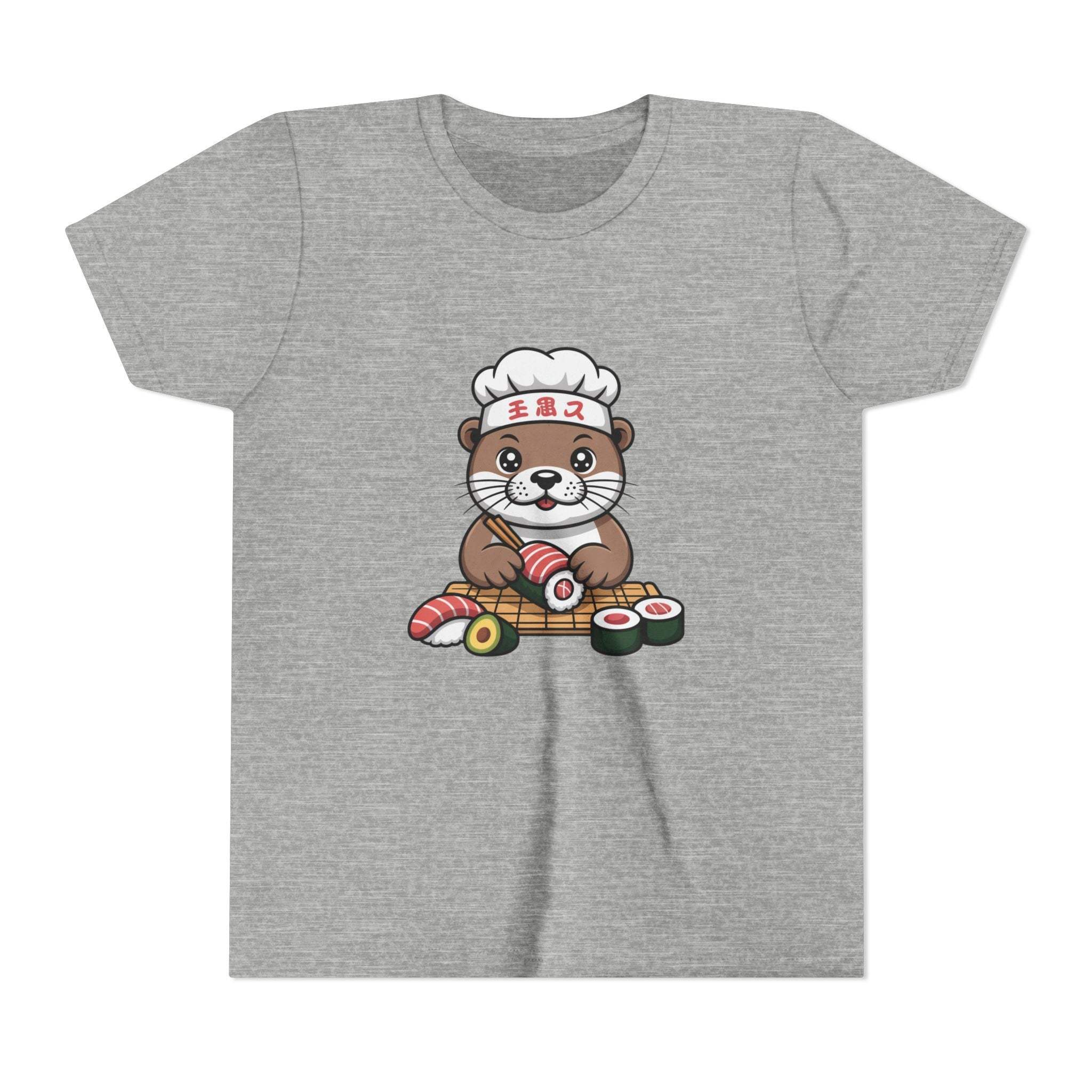 Cute Otter Sushi Chef graphic on a youth tee shirt, featuring an otter wearing a chef’s hat making sushi.