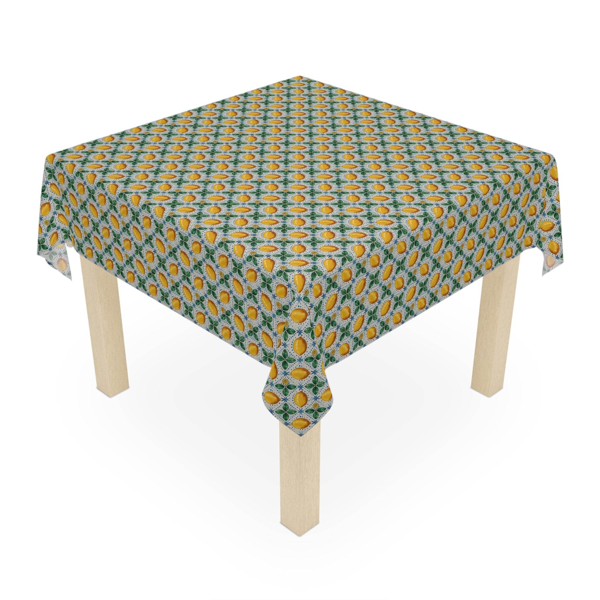 Mediterranean Lemon tablecloth with vibrant lemon pattern on lightweight polyester fabric