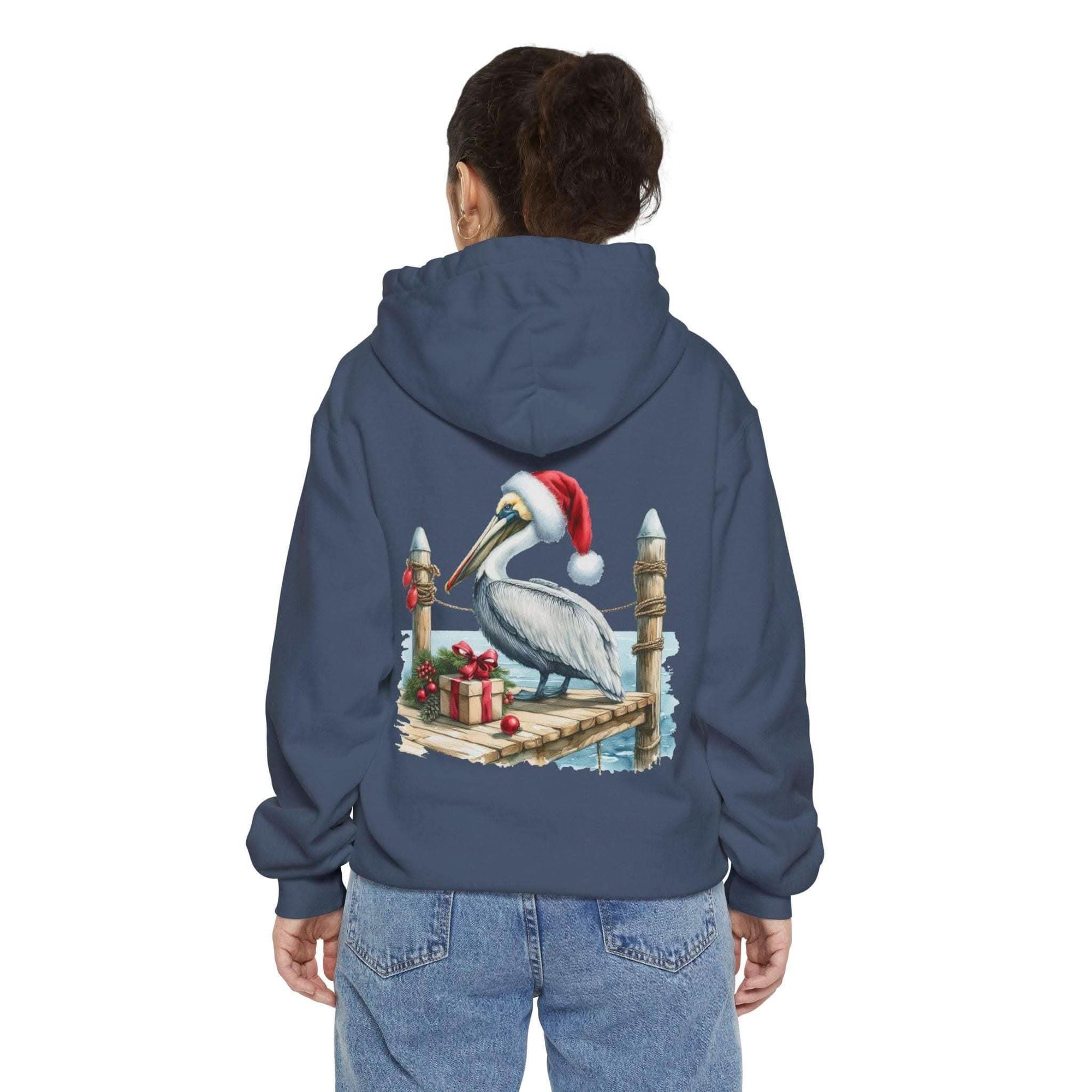 True Navy hoodie featuring a pelican in a Santa hat design by Printify