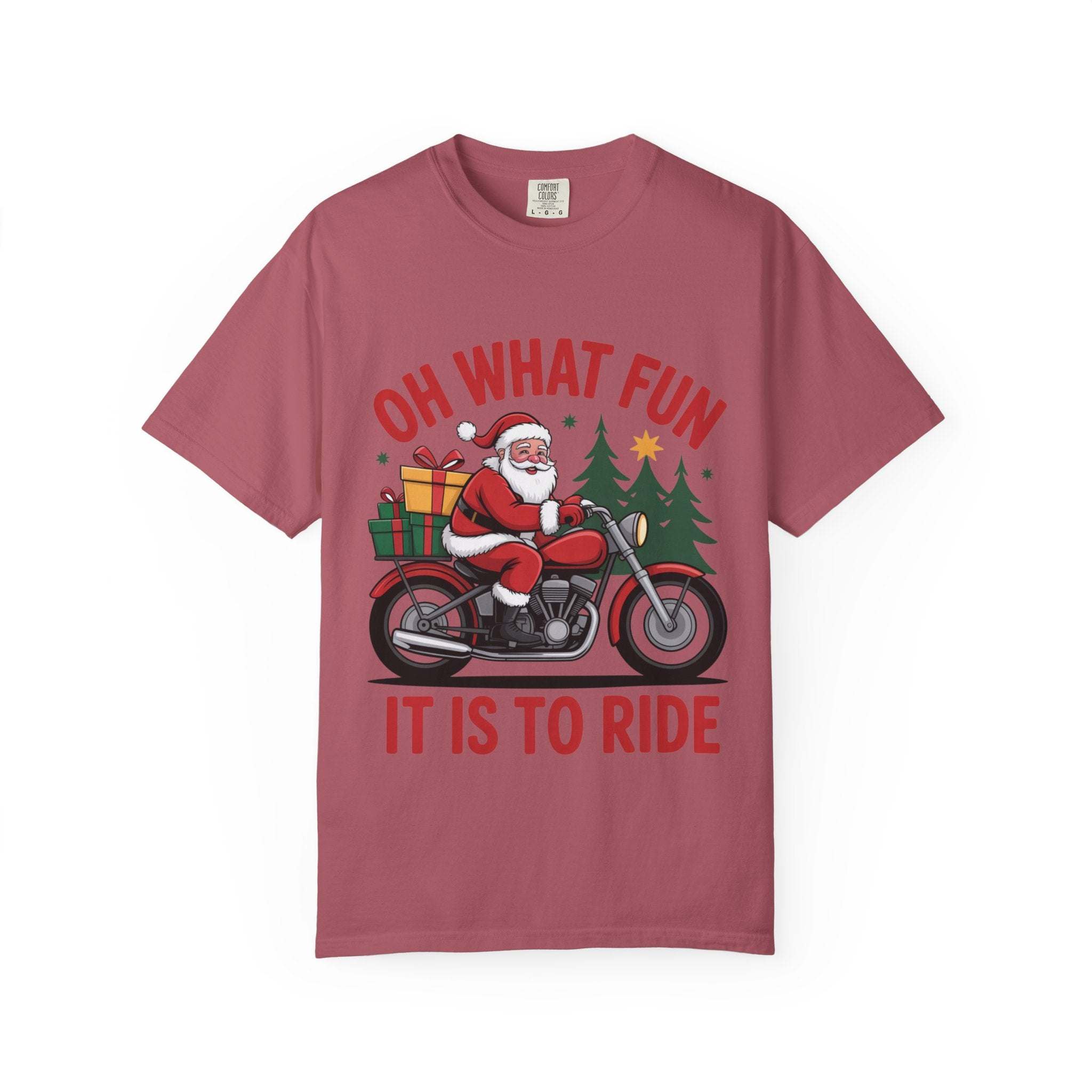 Santa on a motorcycle Christmas t-shirt with festive design and holiday text