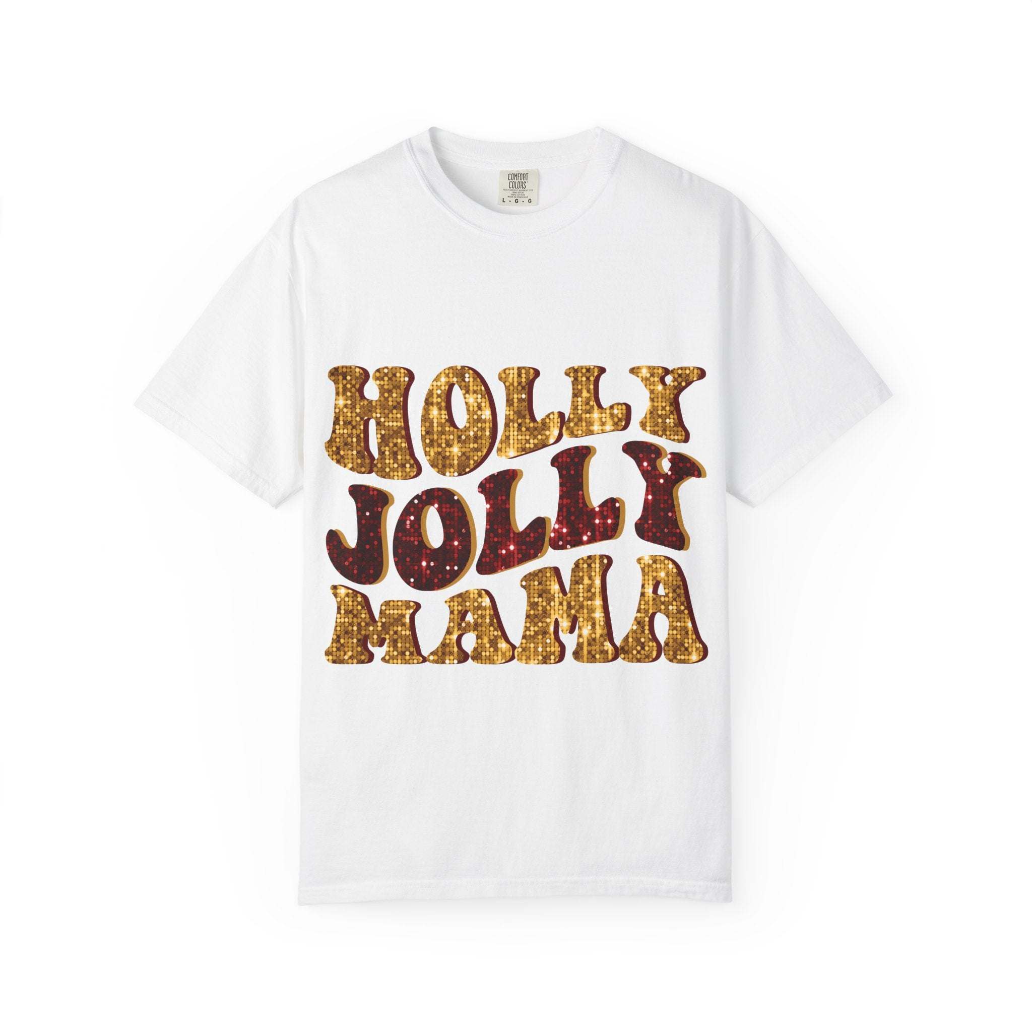 White Faux Glitter Holly Jolly Mama t-shirt for moms with festive glitter text design