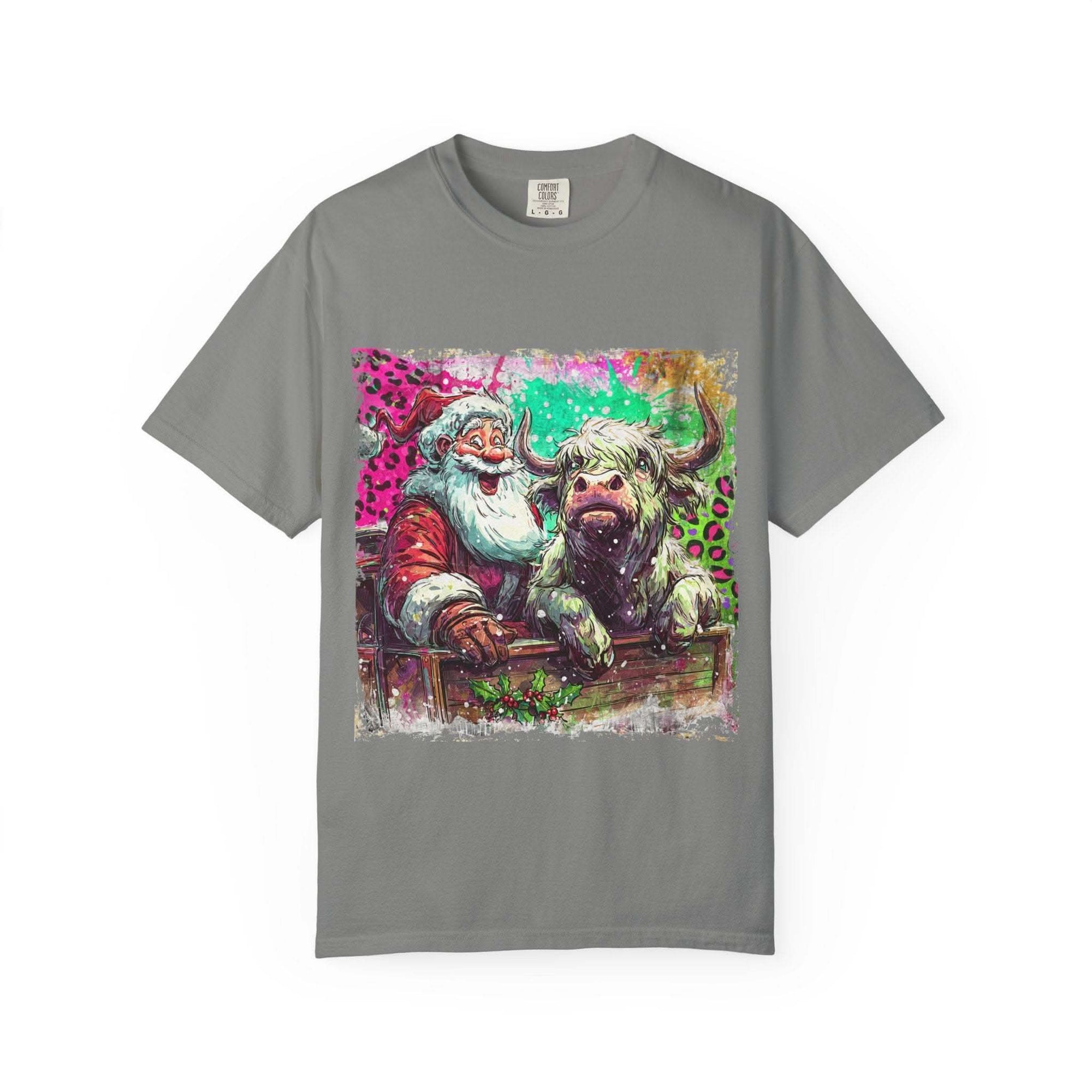 Retro Santa and Highland Cow graphic on a black t-shirt by Printify, perfect for festive holiday wear.