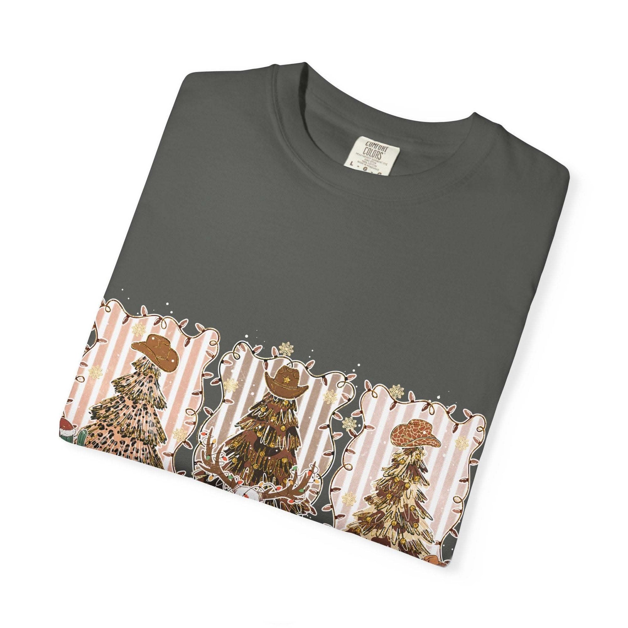 Cowboy Howdy Christmas t-shirt with festive cowboy hat trees design on dark fabric