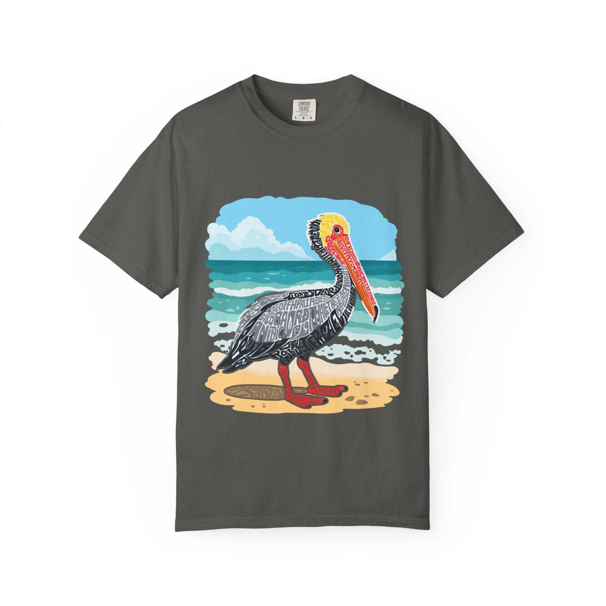 vintage coastal Pelican Letter Poster graphic on soft garment-dyed charcoal t-shirt