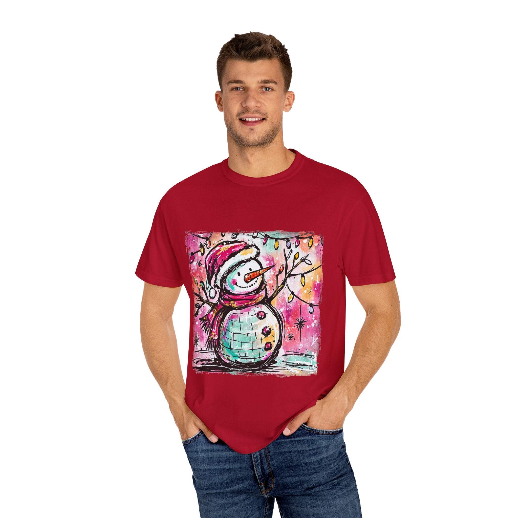 White unisex t-shirt featuring colorful disco ball snowman design, perfect for Christmas and dance parties by Printify