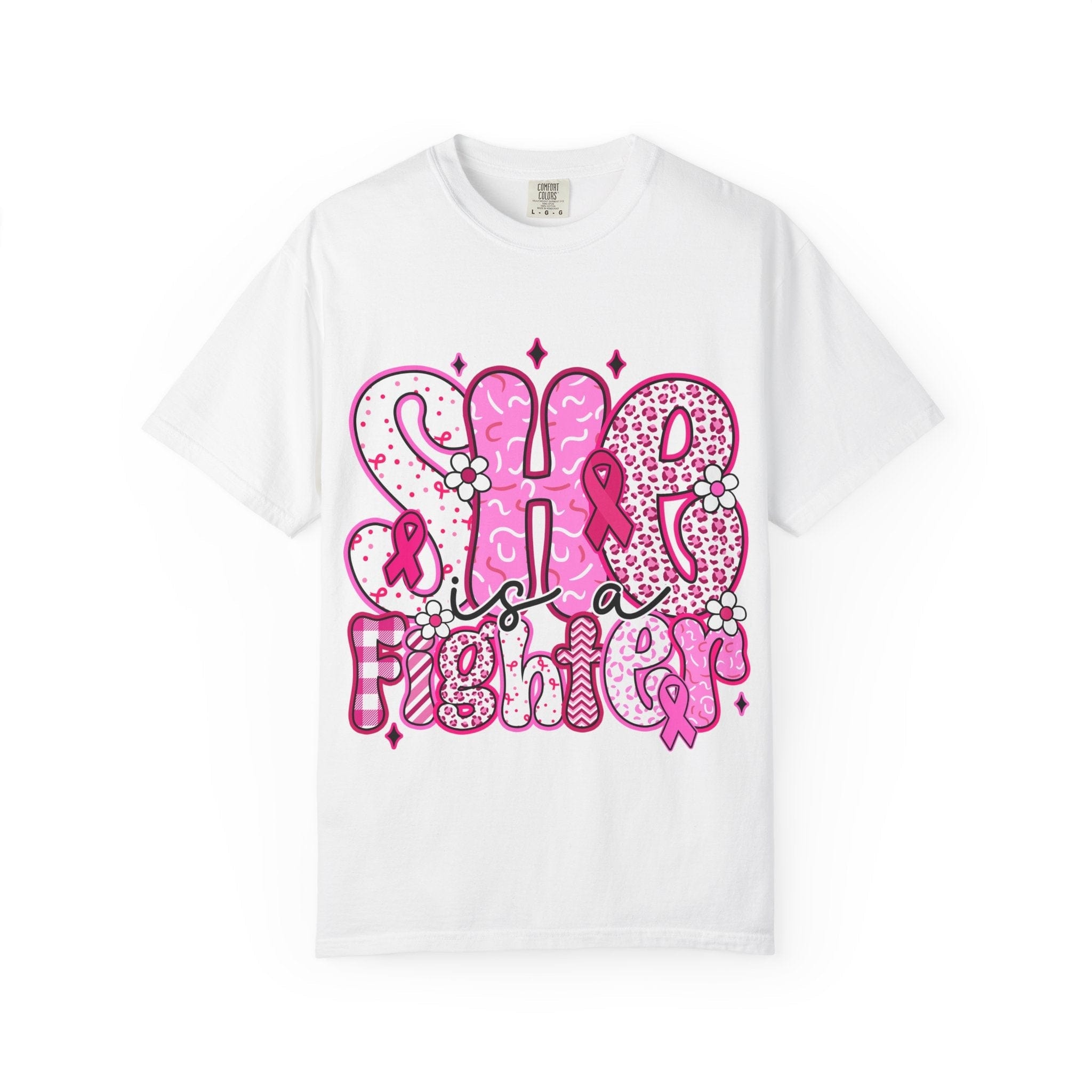 White Fighter Breast Cancer T-shirt with pink graphic design and awareness ribbons