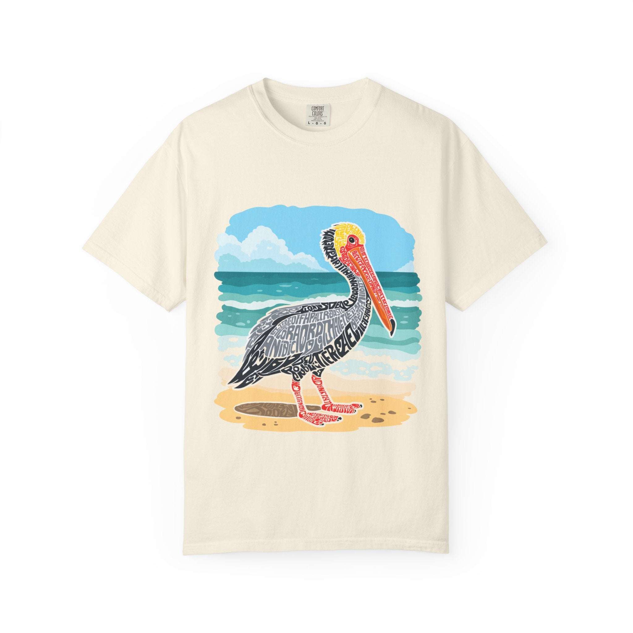 Cream t-shirt with vintage pelican letter poster graphic on beach background
