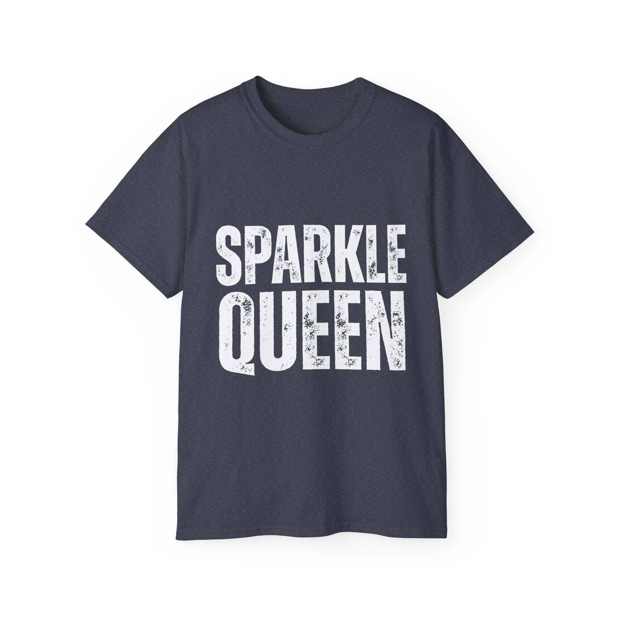 Distressed Sparkle Queen T-Shirt in dark color with bold white text design for fashionistas and celebrations