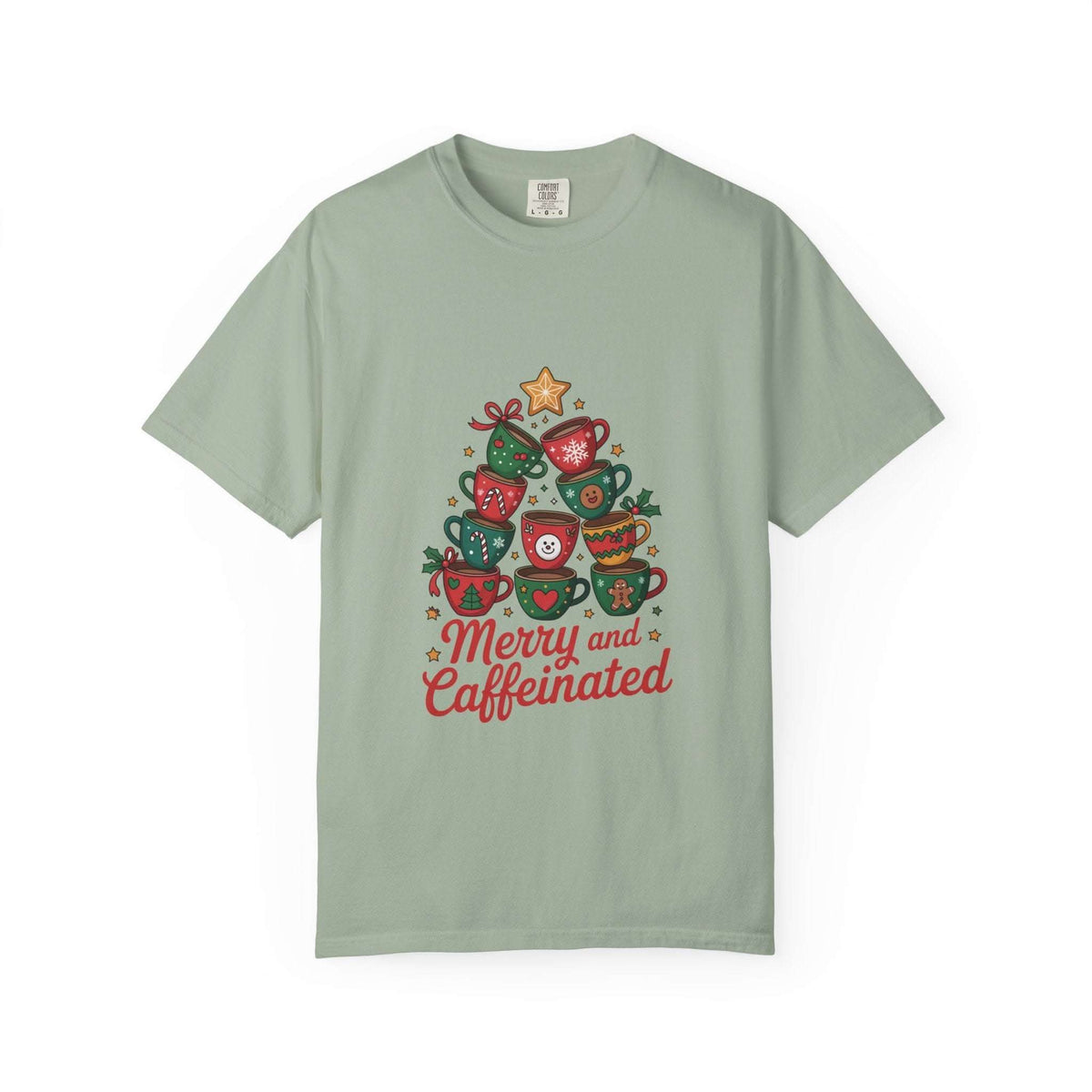 Merry and Caffeinated T-shirt with festive coffee cup tree design on light green tee