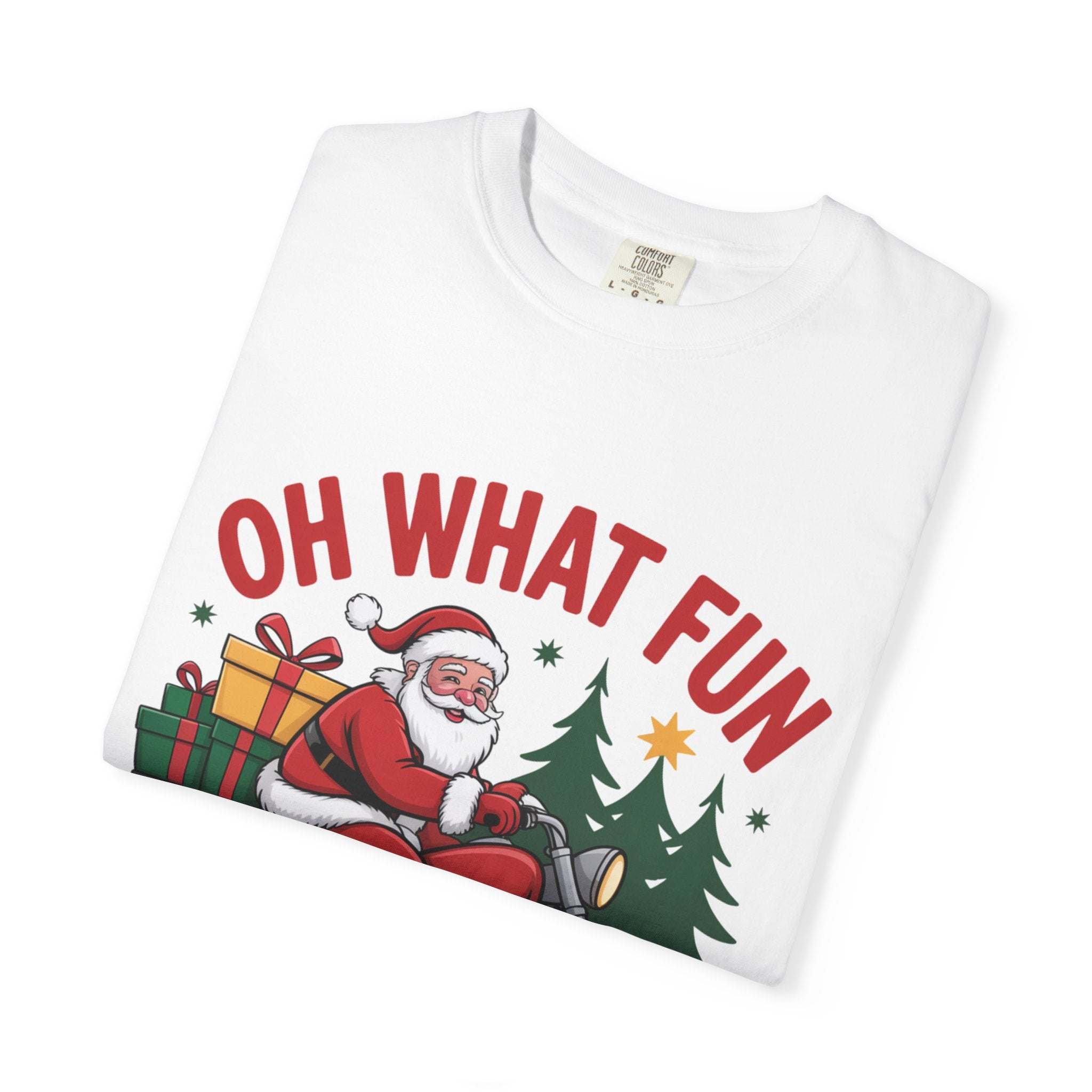 White holiday t-shirt with Santa on a motorcycle and festive gifts design
