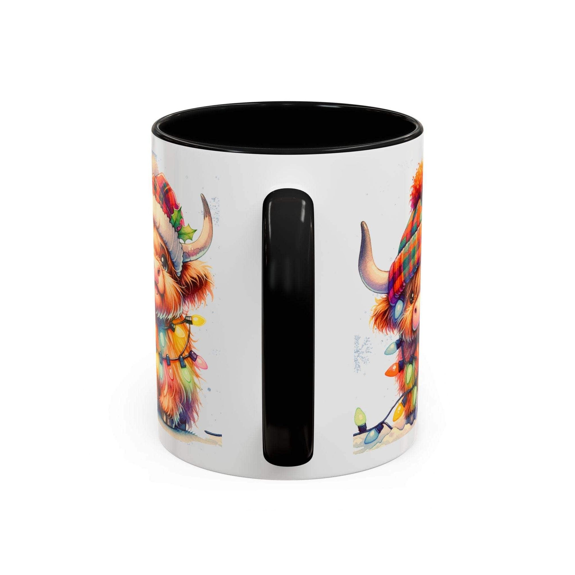 Ceramic Scottish Highland Cow Christmas mug with black handle and interior, holiday-themed illustration with plaid scarf and festive lights.