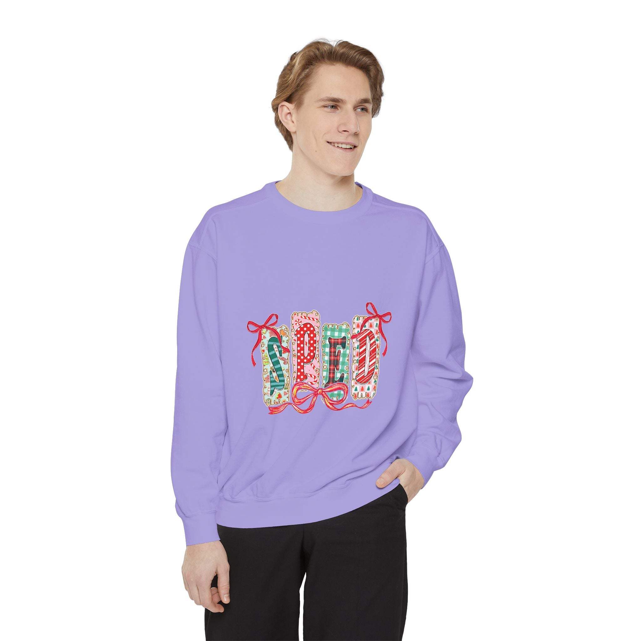 Pepper garment-dyed sweatshirt for preppy SPED teachers, featuring a festive Christmas design by Printify