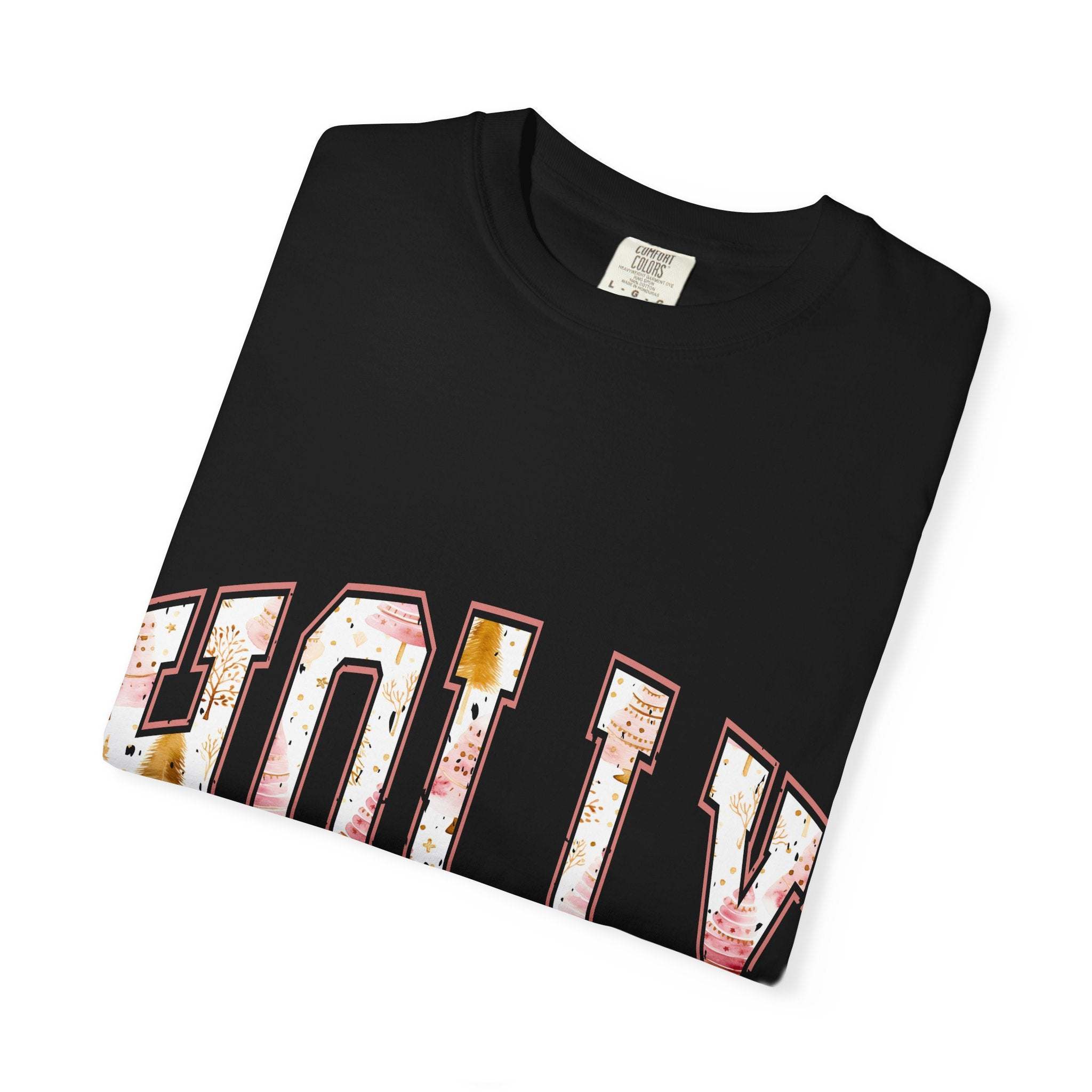 Folded black Varsity Holly Jolly T-shirt with festive print and soft garment-dyed fabric