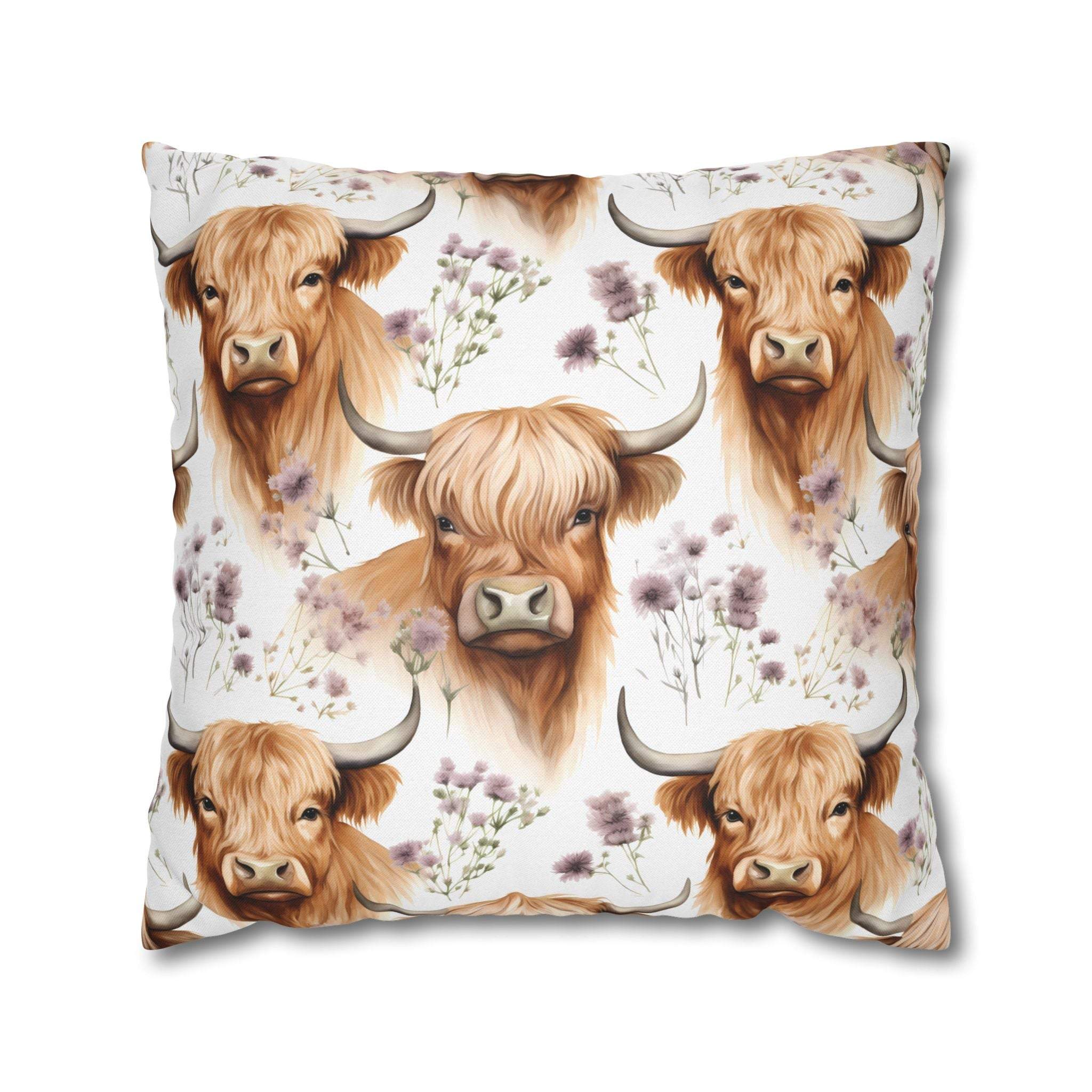 Floral Highland Cow decorative pillowcase with double-sided floral and cow design on soft fabric