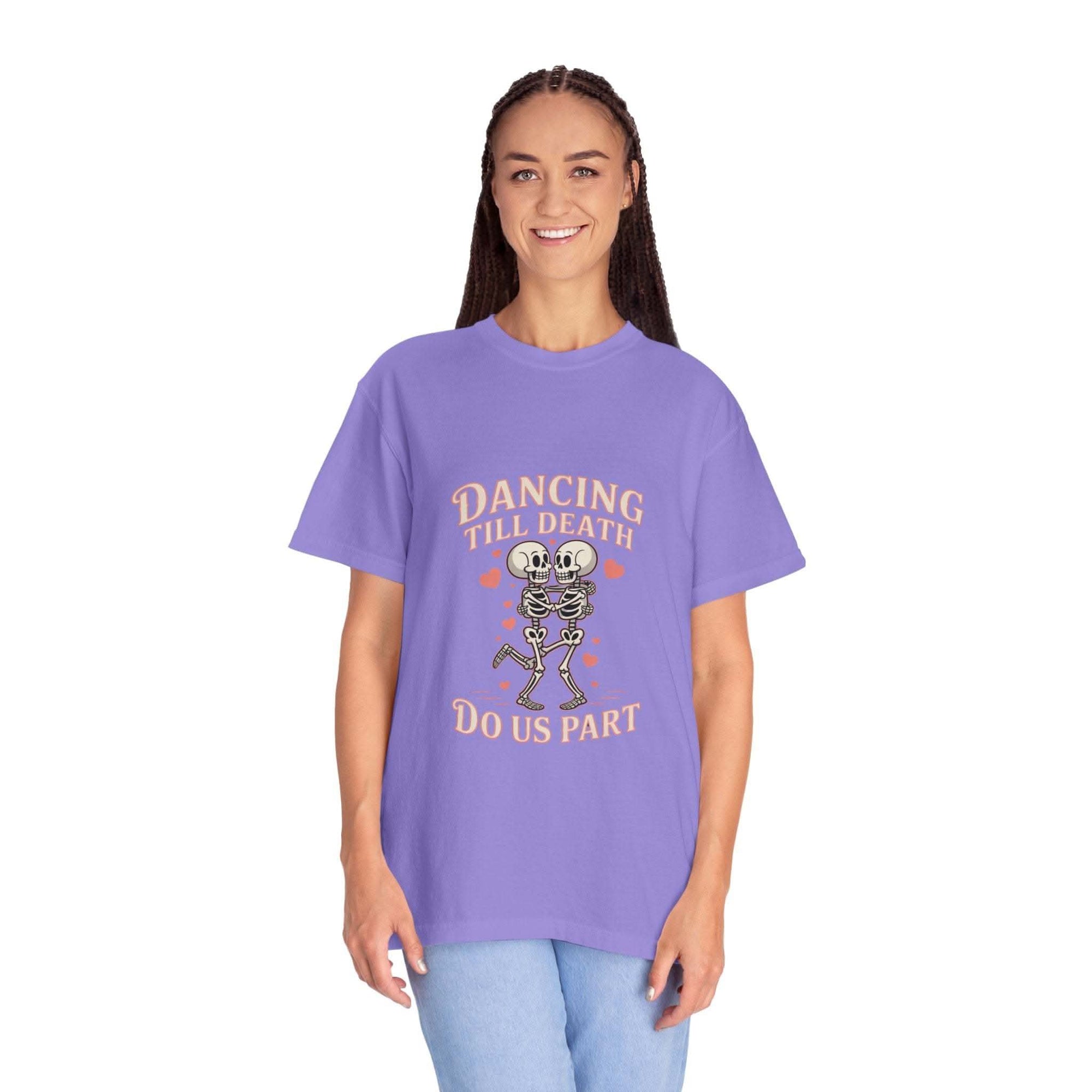 Dancing Till Death Do Us Part t-shirt with bold vintage print and faded color on soft cotton fabric