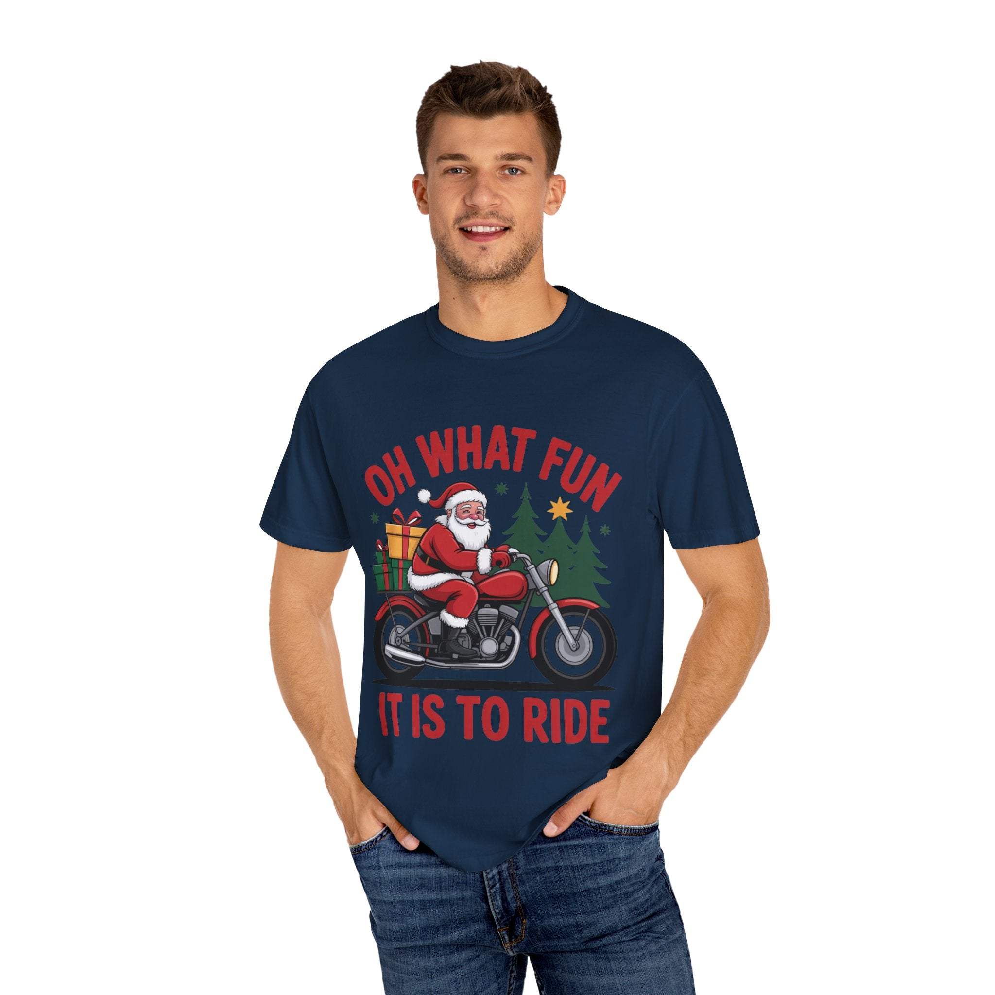 Man wearing navy Santa On A Motorcycle T-Shirt with Christmas design and festive slogan