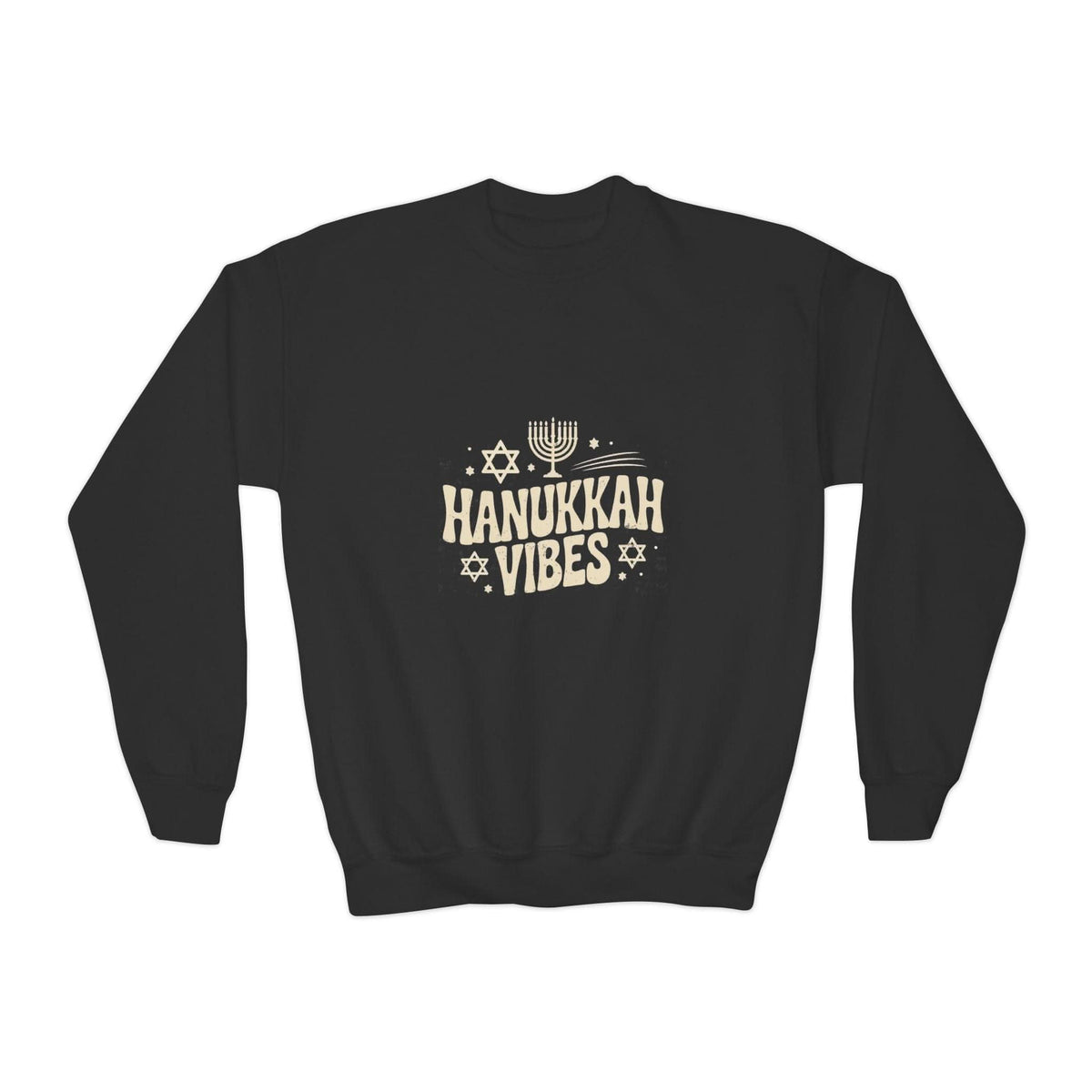 White youth crewneck sweatshirt featuring festive Hanukkah designs by Printify