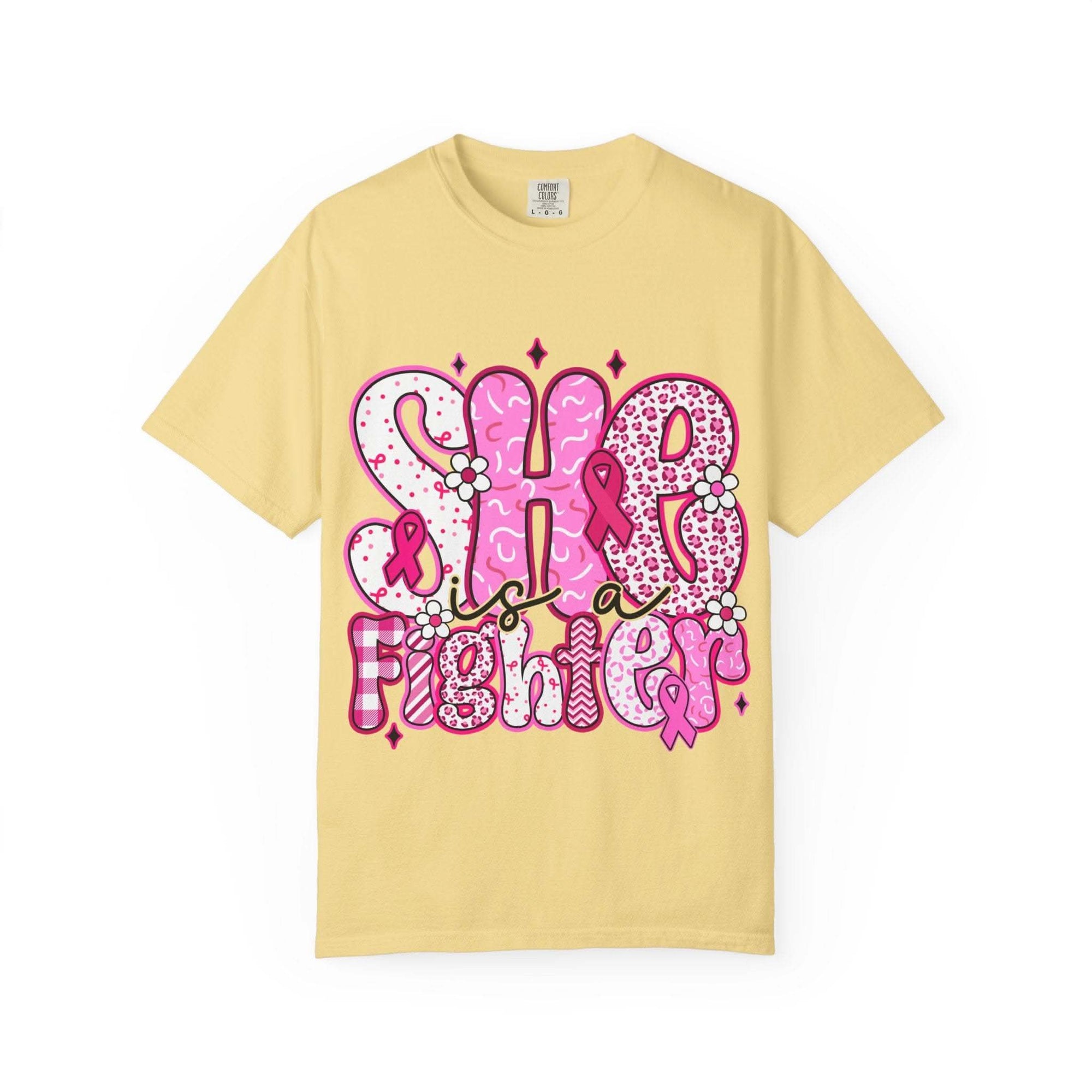 Black unisex cotton t-shirt with "Fighter Breast Cancer" graphic, from Printify, supporting breast cancer awareness.