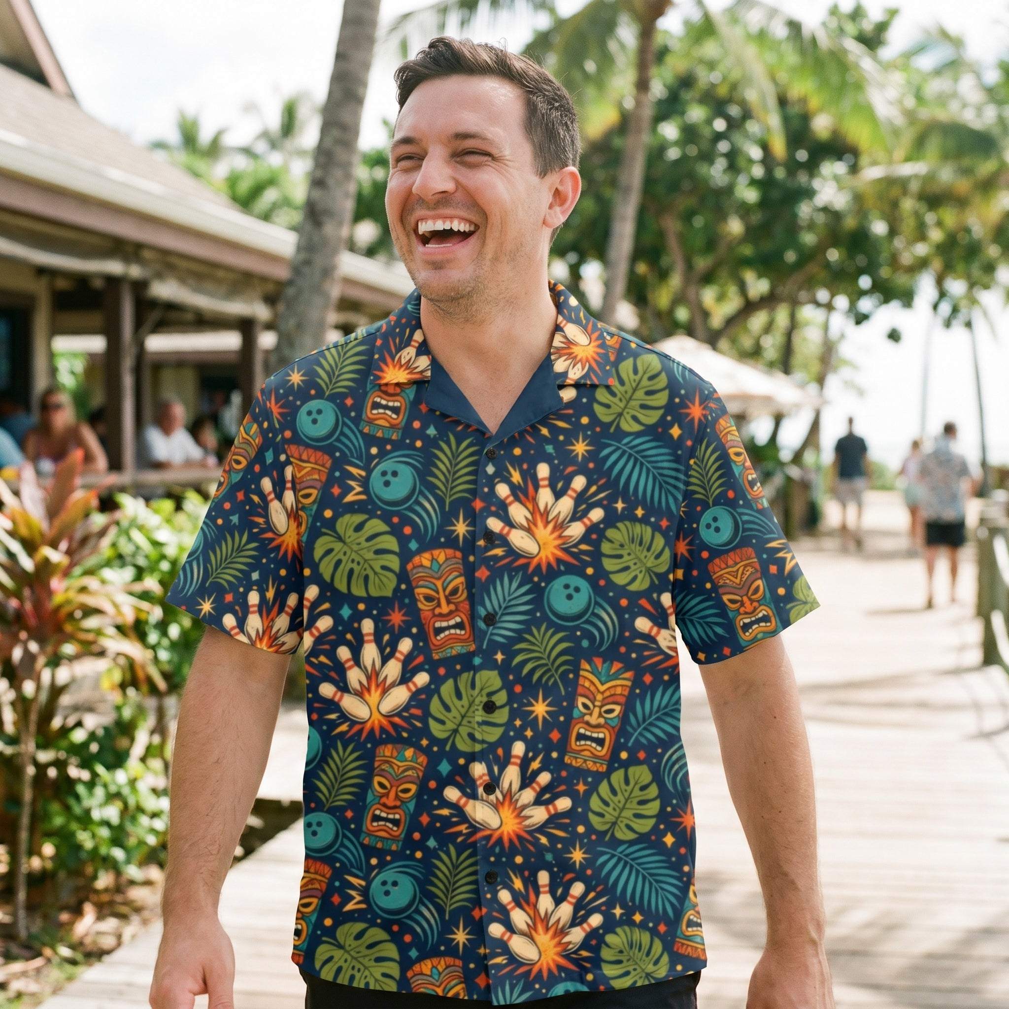 Navy tropical bowling Hawaiian shirt with tiki masks, bowling pins, and jungle leaves print, lightweight and breathable with UPF50+ protection.
