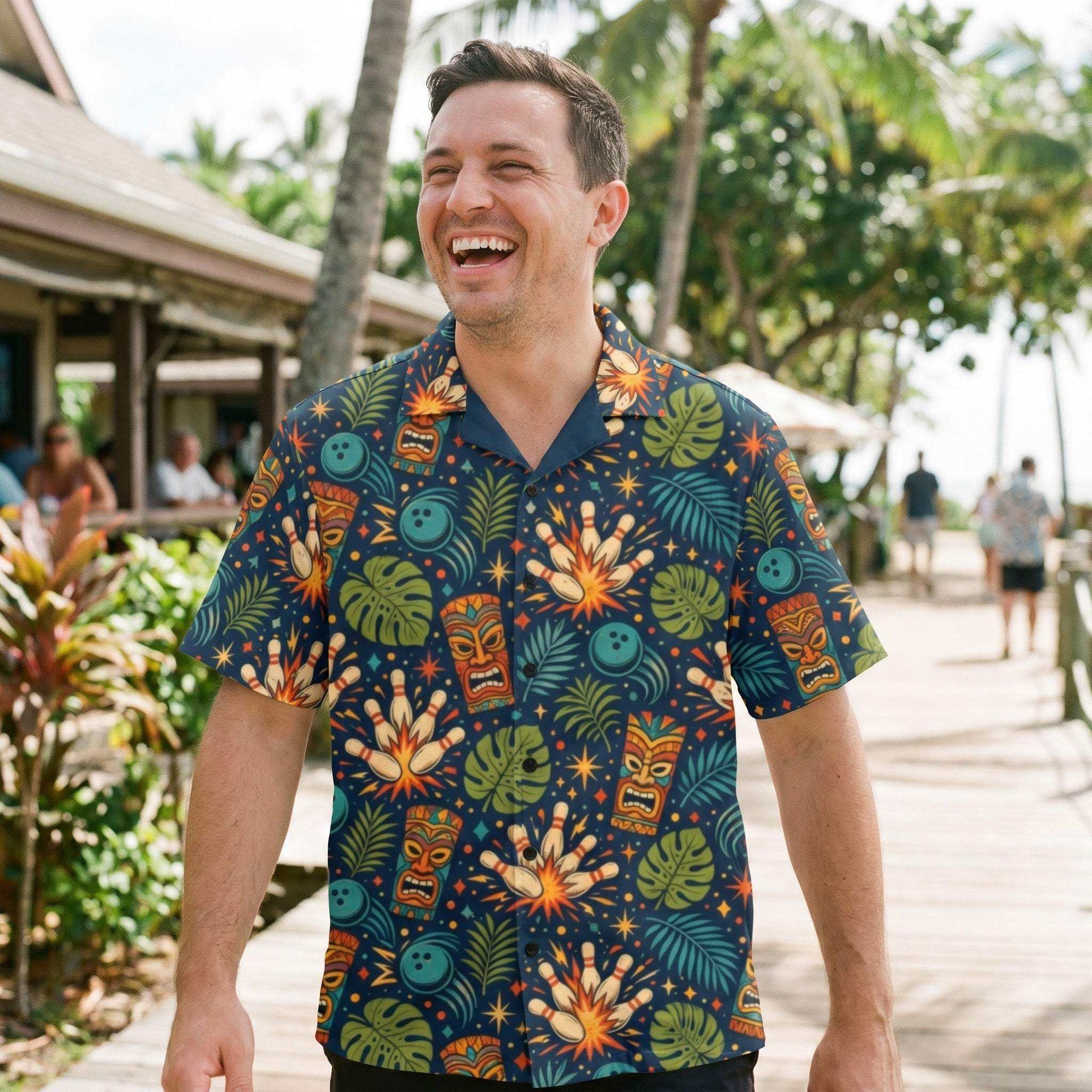 Navy Tropical Bowling Hawaiian Shirt with tiki masks and bowling pins print, camp collar, button-down style