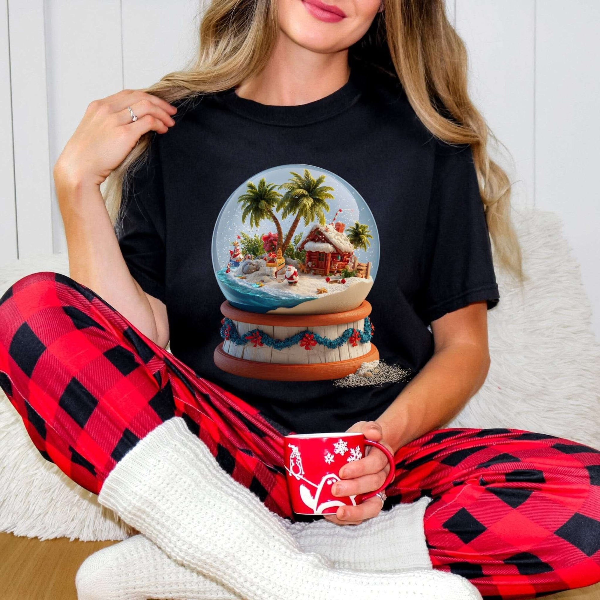 Tropical Snow Globe T-shirt with palm tree snow globe design on soft cotton, festive warm-weather Christmas tee