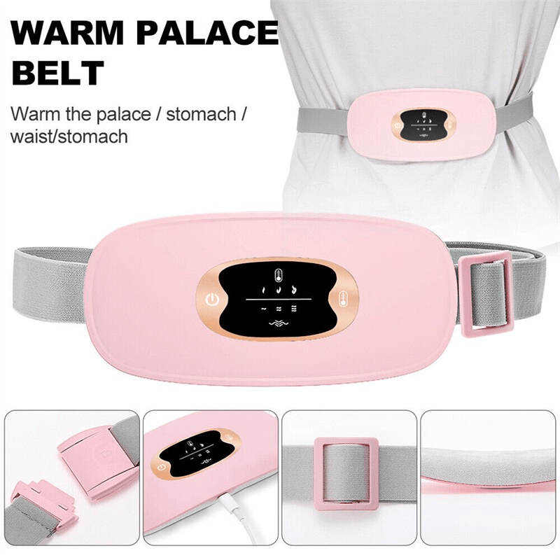 Heated menstrual relief vibrating belt providing quick heat and soothing vibrations for abdominal pain relief