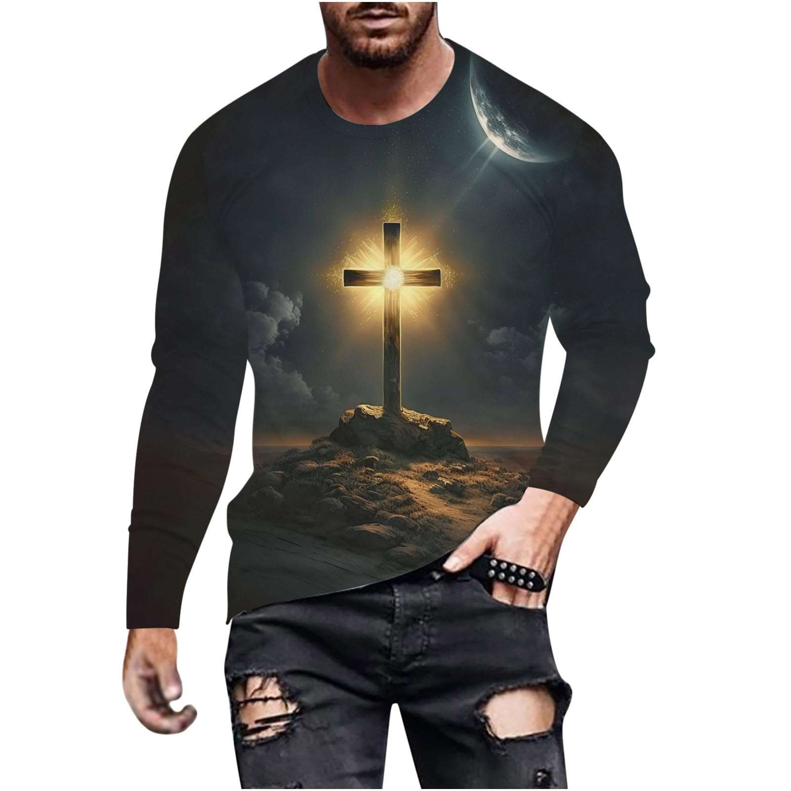 Men's Faithful Warrior 3D Cross long-sleeve tee shirt in black with a bold 3D cross design