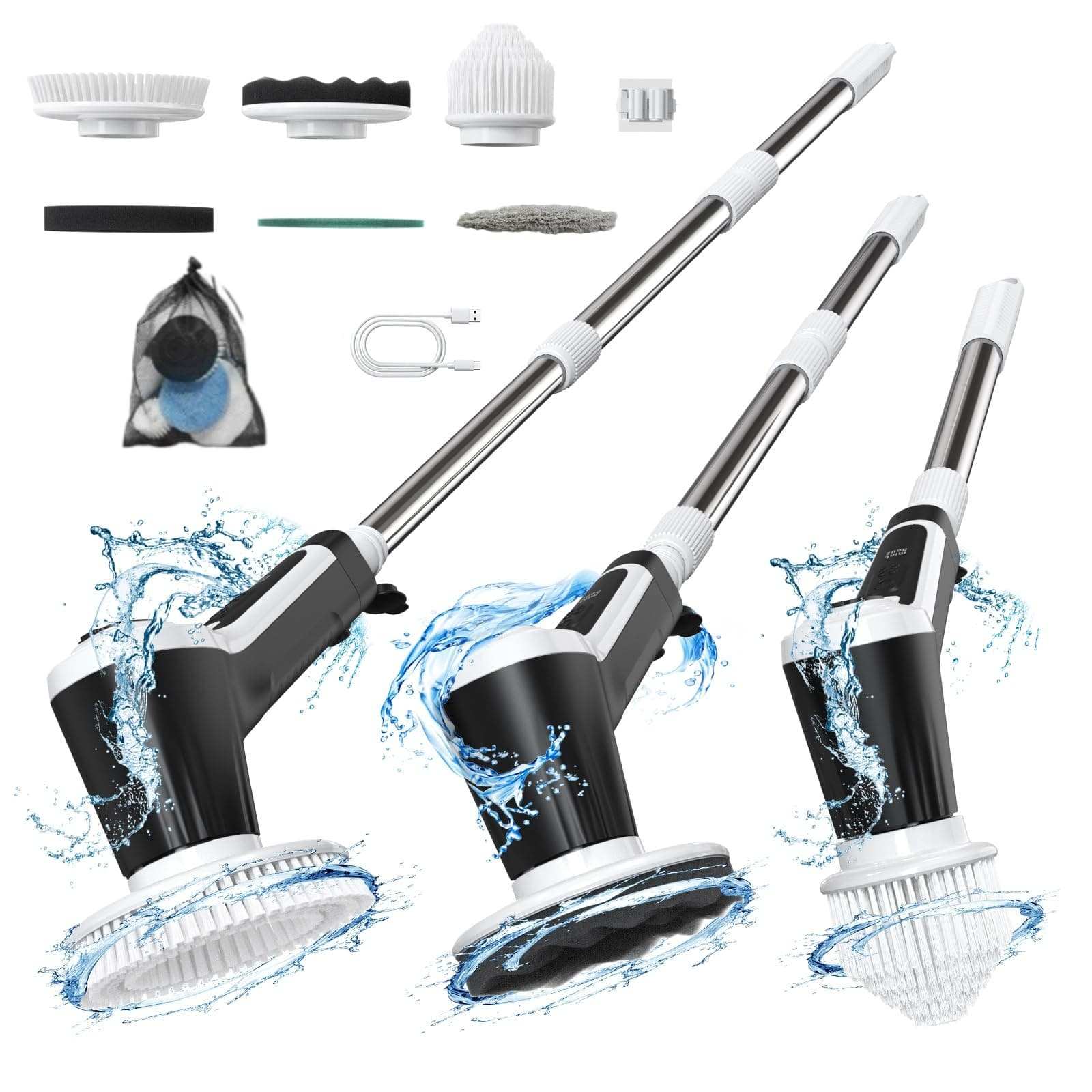 Electric Spin Scrubber with 6 detachable brush heads and adjustable dual speeds for powerful cleaning