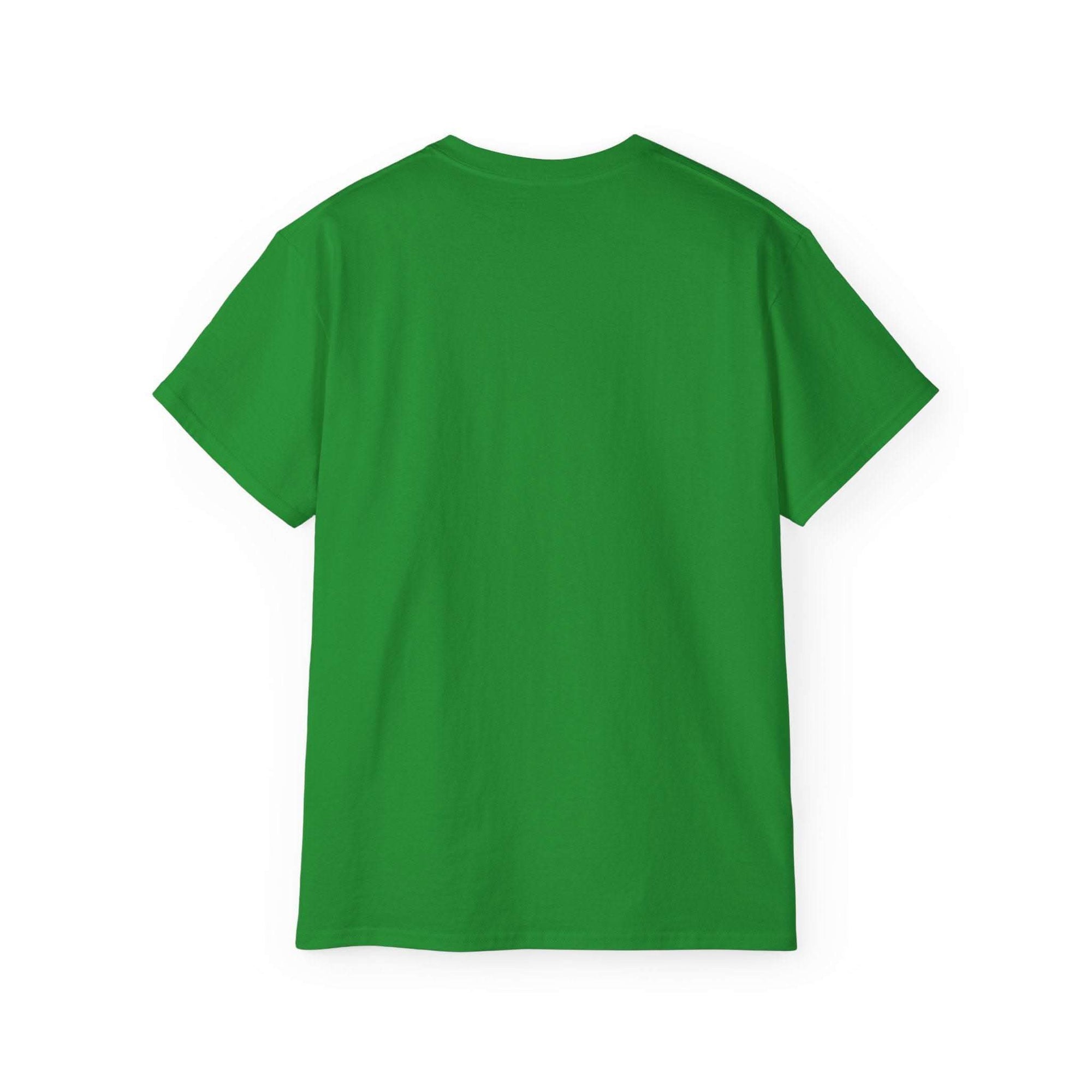 Back view of green distressed frosty T-shirt, unisex 100% US cotton tee