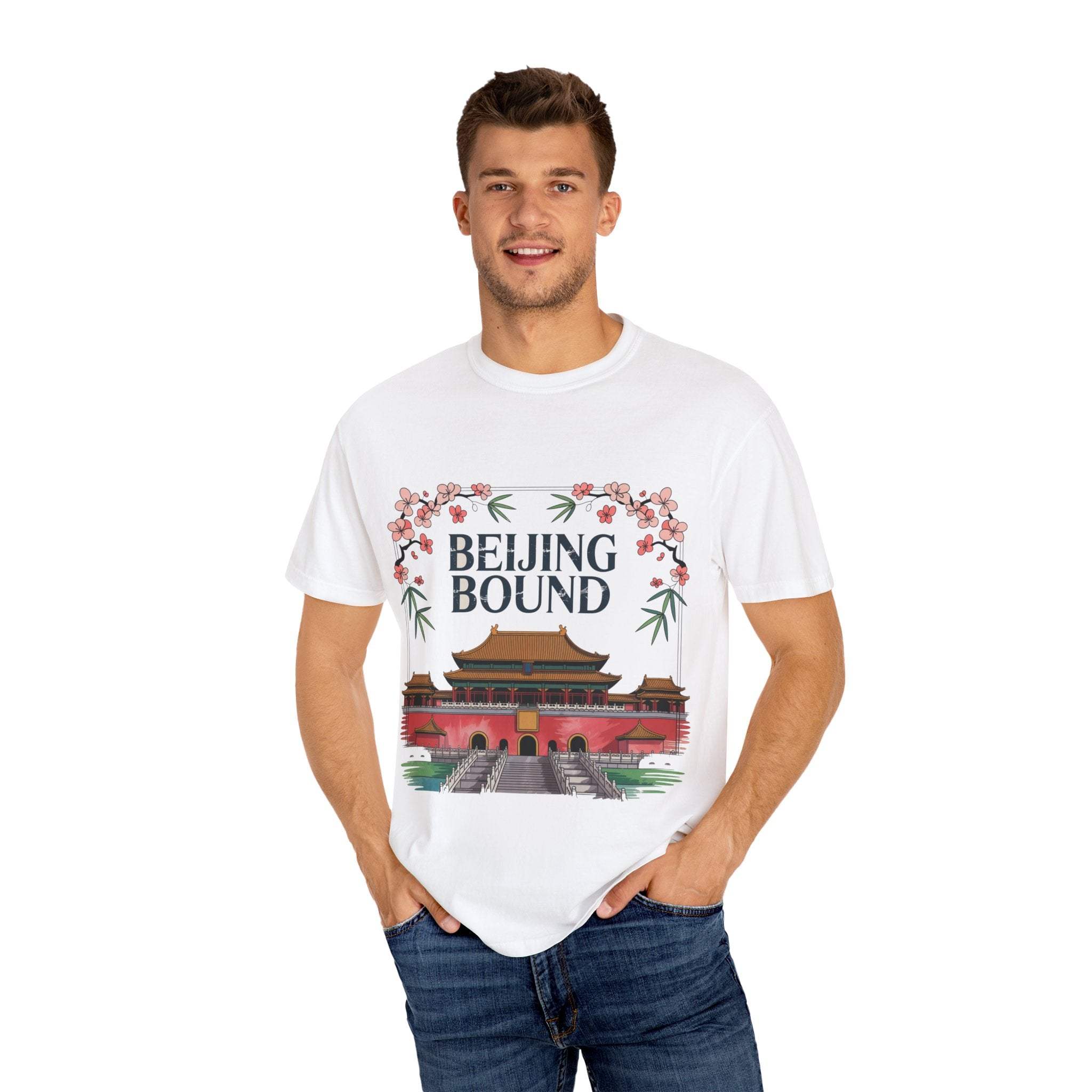 White travel t-shirt with Beijing Bound design, 100% cotton, garment-dyed, durable stitching, multiple sizes.
