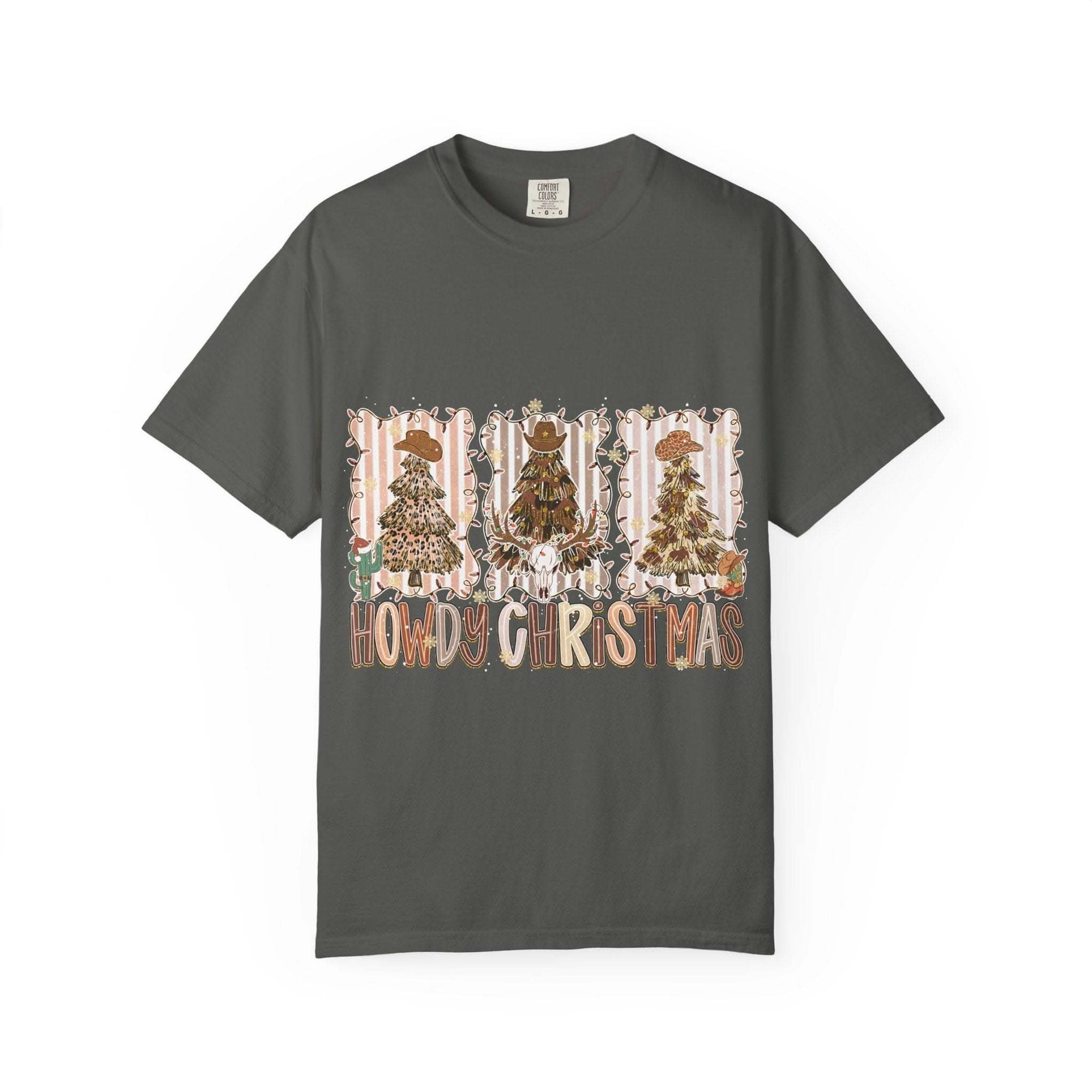 Cowboy Howdy Christmas t-shirt with festive cowboy hat and tree design on gray cotton fabric