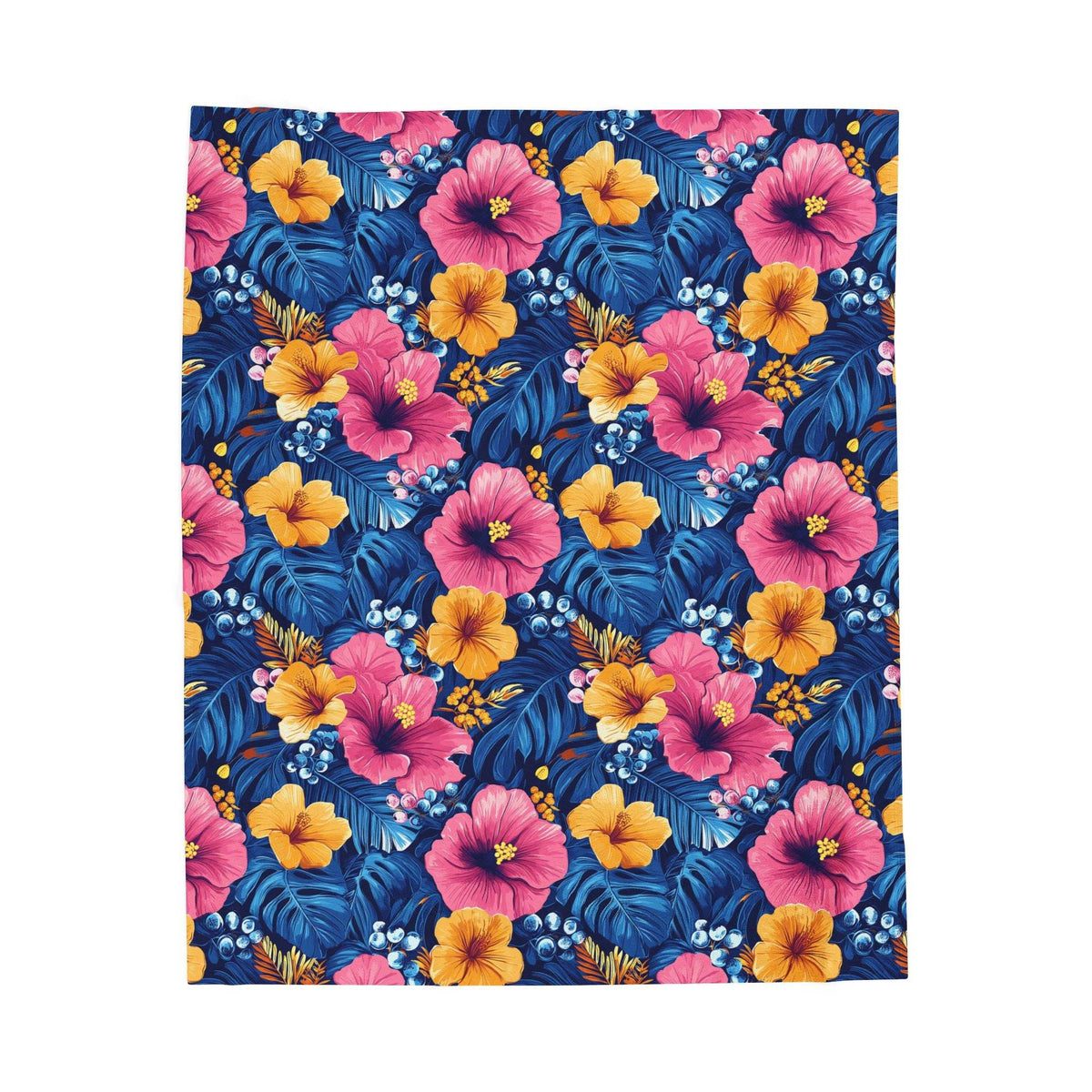 Tropical hibiscus floral velveteen plush blanket with bright pink and gold Hawaiian flower pattern on midnight blue background