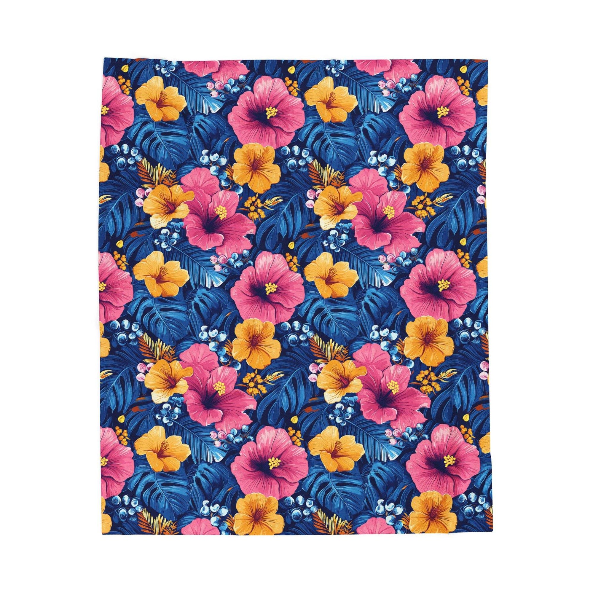 Tropical hibiscus floral velveteen plush blanket with bright pink and gold Hawaiian flower pattern on midnight blue background