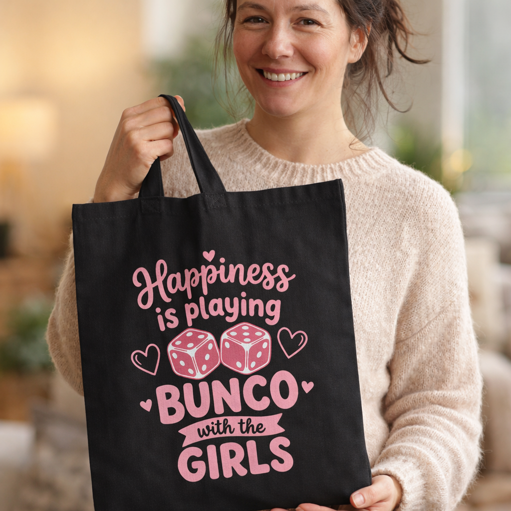 Durable cotton canvas tote bag with Happiness is Playing Bunco design for game night enthusiasts