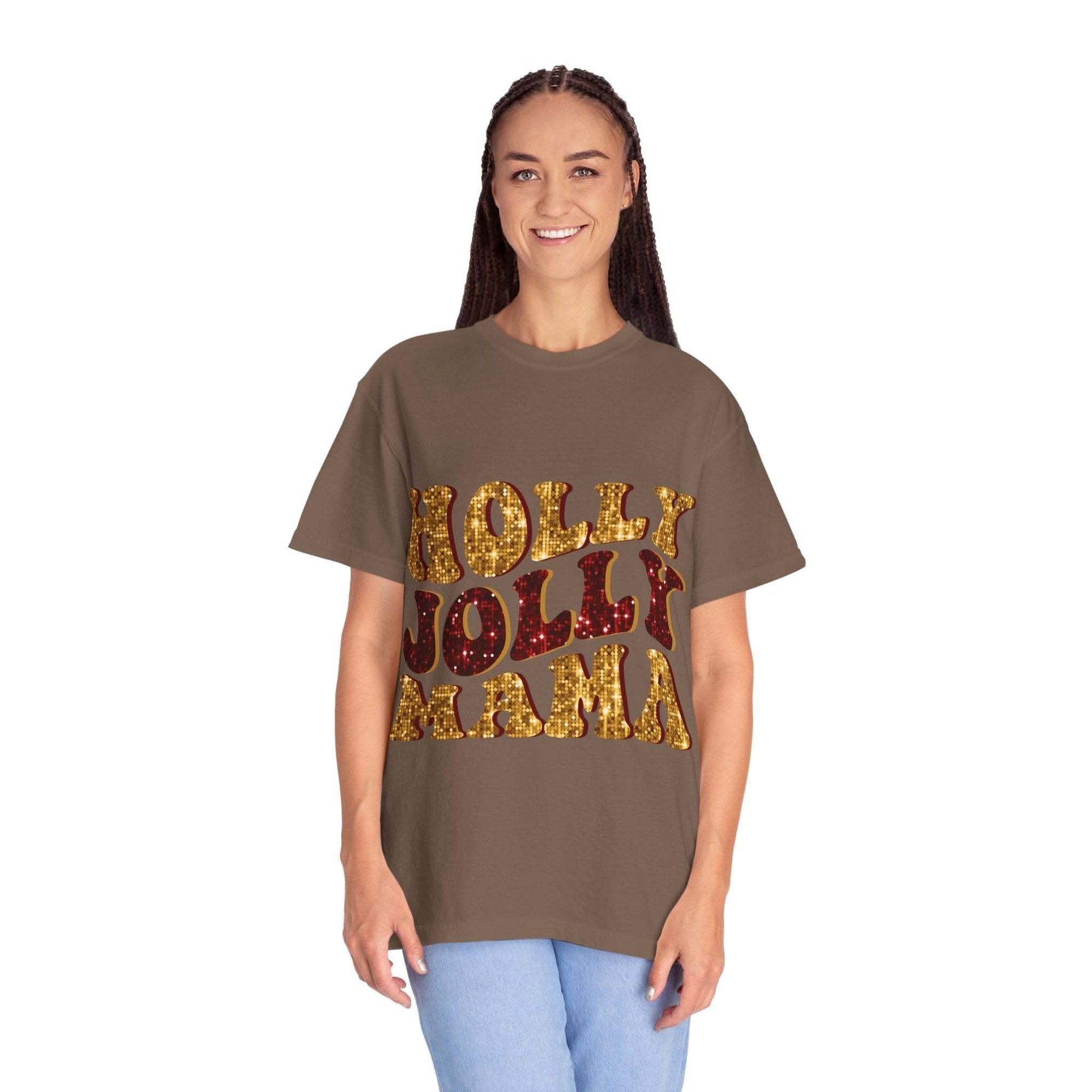 Faux Glitter Holly Jolly Mama brown t-shirt with festive glitter text for moms