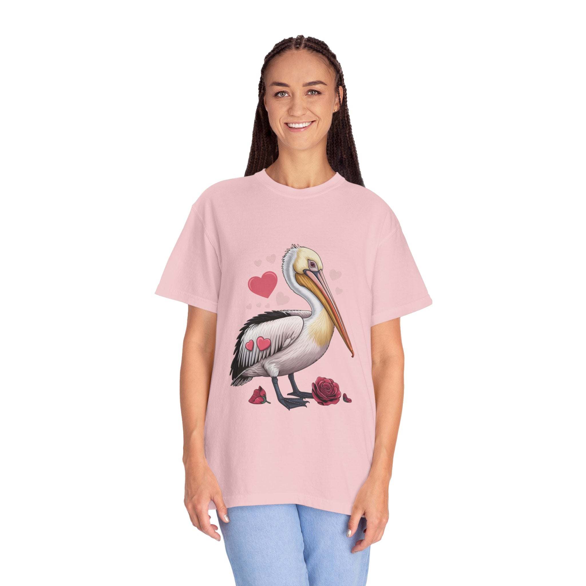 Valentine Pelican Hearts T-Shirt with vintage coastal design and relaxed fit