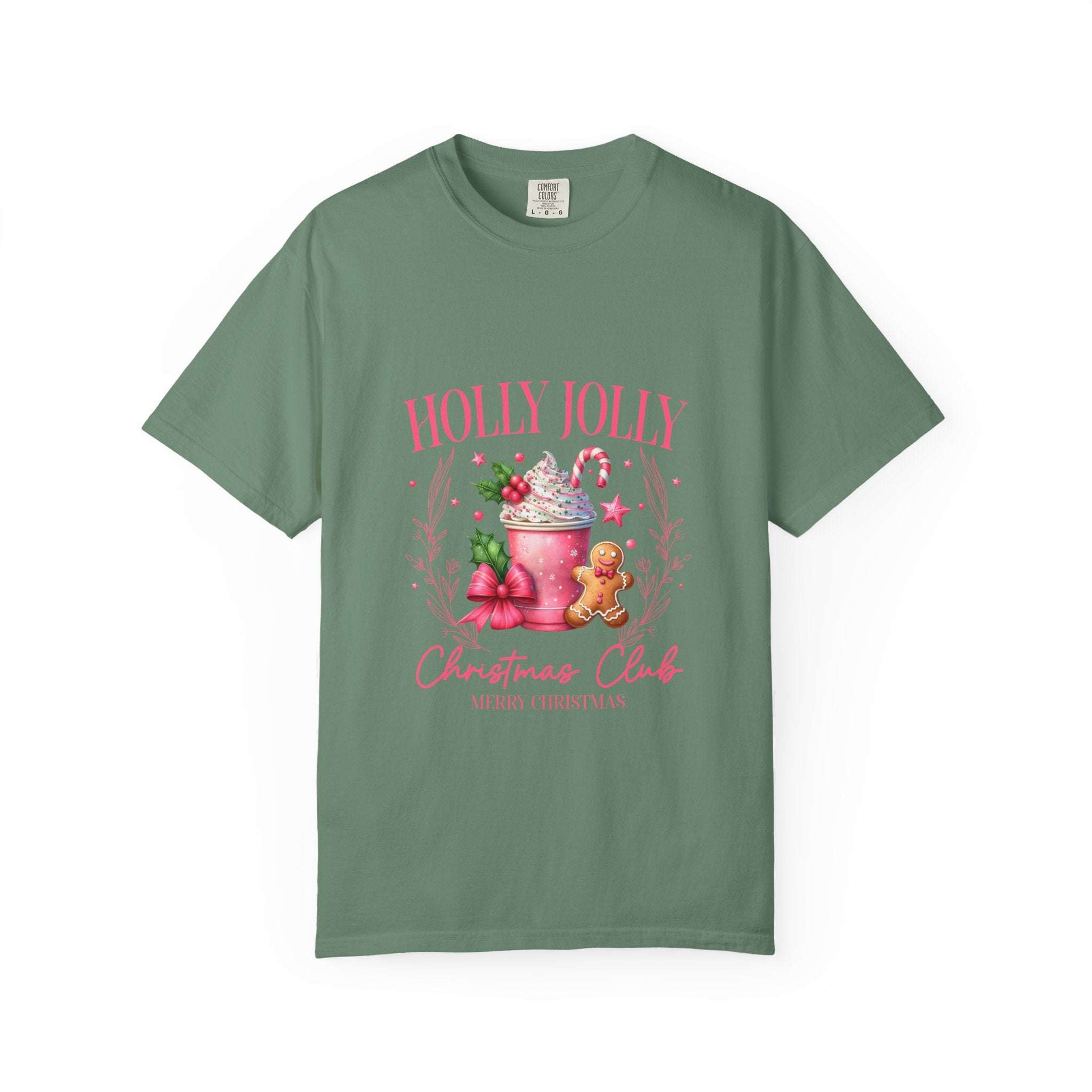 Unisex garment-dyed black Christmas t-shirt with 'Holly Jolly Christmas Club' design by Printify