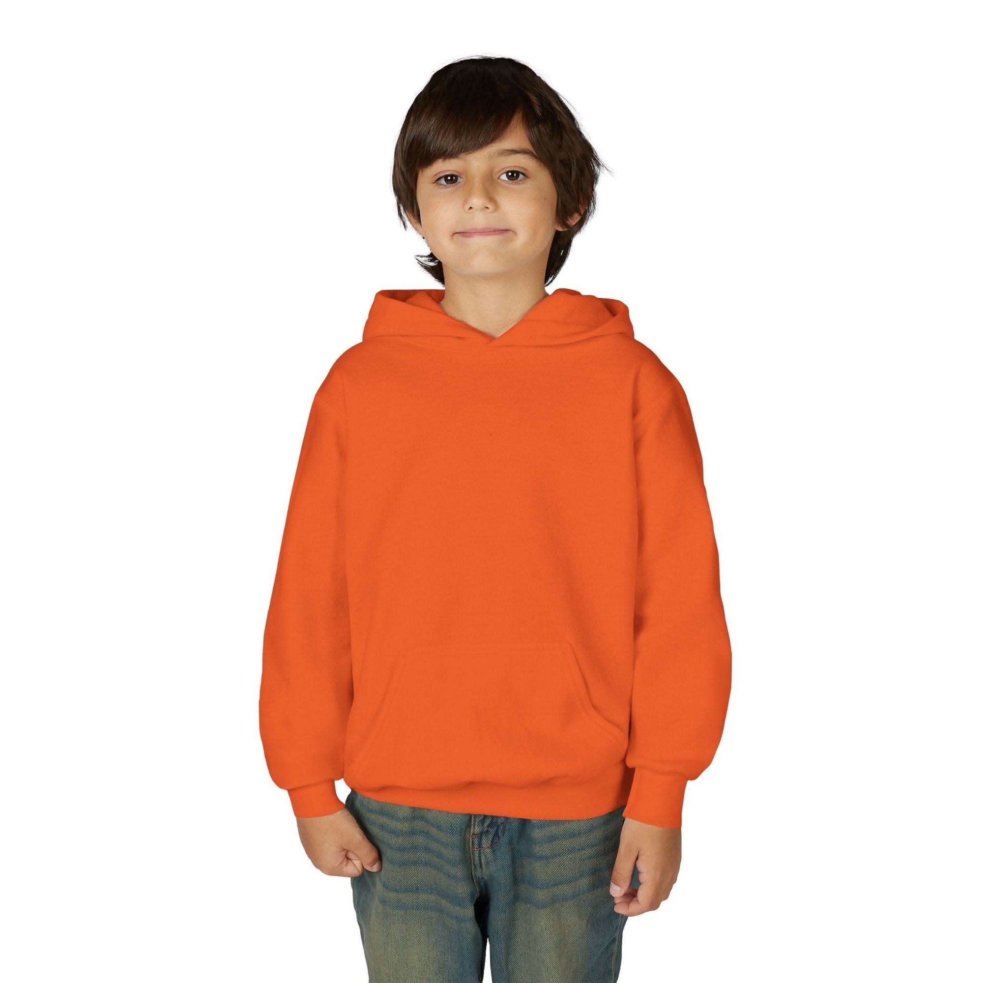 child wearing plain orange hoodie with kangaroo pocket and hood