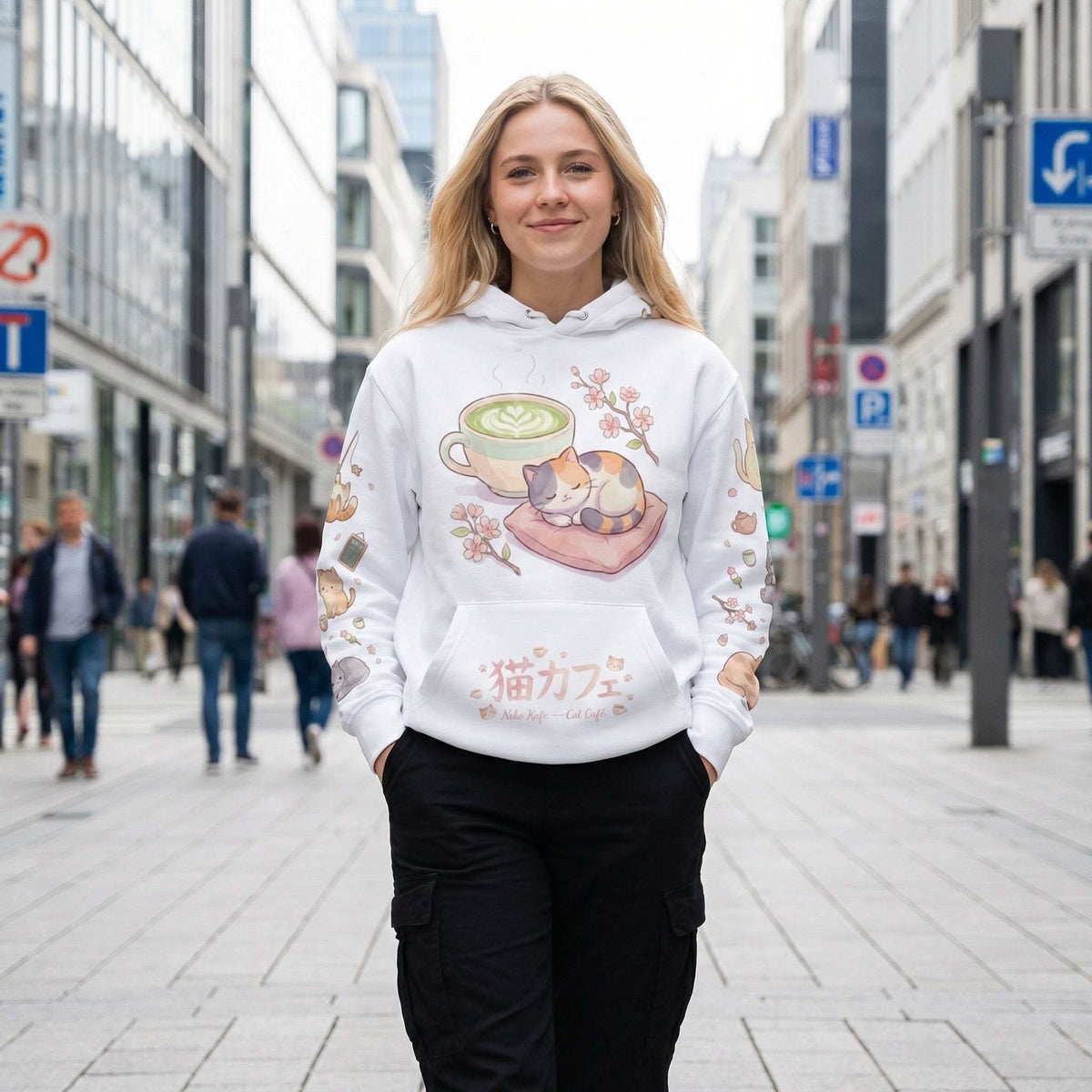 Unisex Anime Cat AOP Hoodie with all-over kawaii cat café print on cotton blend fabric