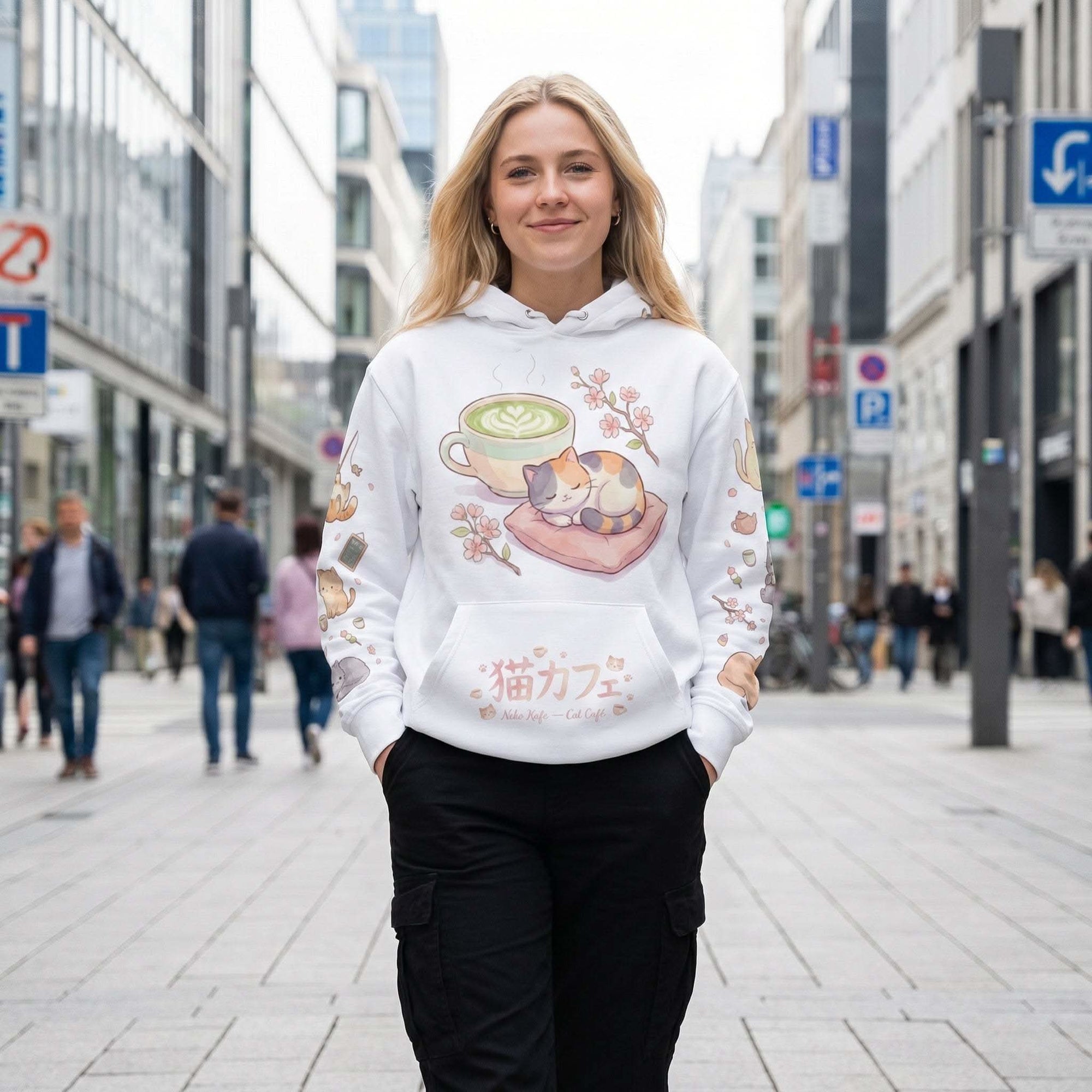 Unisex Anime Cat AOP Hoodie with all-over kawaii cat café print on cotton blend fabric