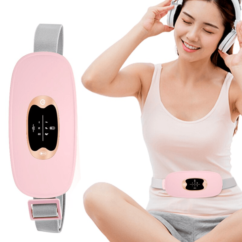 Pink heated menstrual relief vibrating belt for fast pain relief with adjustable heat and vibration settings