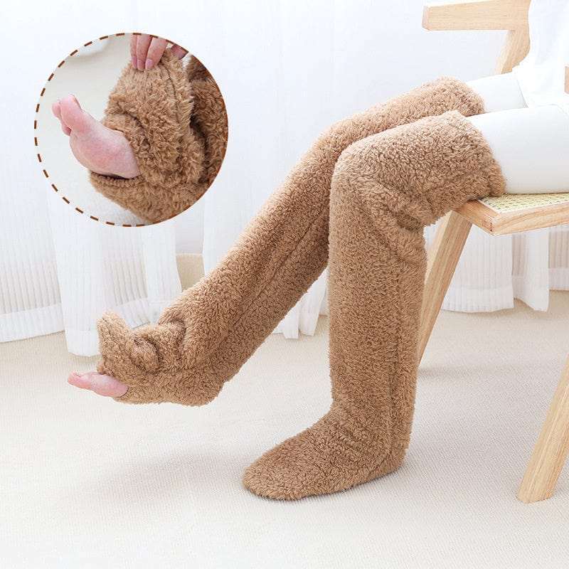 Brown fuzzy over knee high socks with open toes for winter warmth and comfort