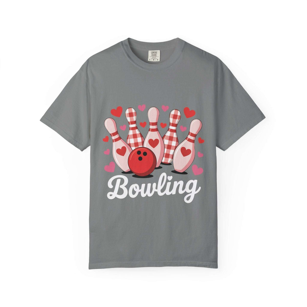 Valentine's Bowling Hearts Tshirt with retro heart and bowling pin design on soft heavyweight cotton