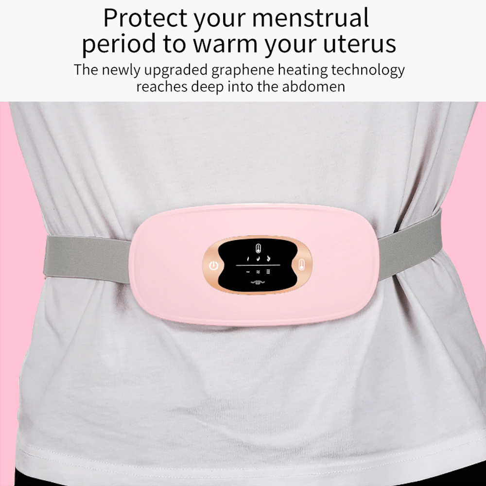 Pink Heated Menstrual Relief Vibrating Belt with quick heating and adjustable vibrations for abdominal comfort