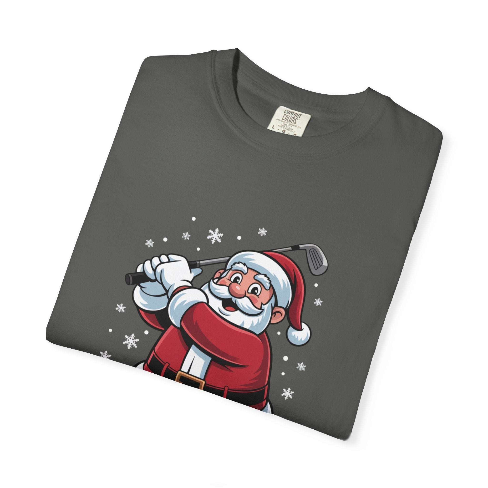 True Navy unisex t-shirt featuring a festive Santa golfing design by Printify