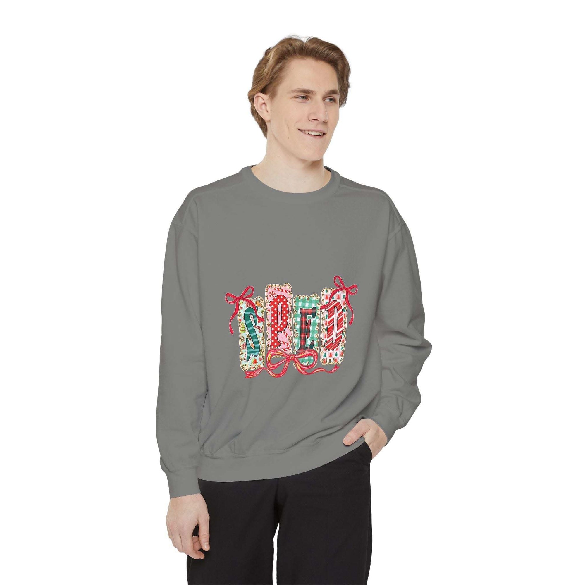 Pepper garment-dyed sweatshirt for preppy SPED teachers, featuring a festive Christmas design by Printify